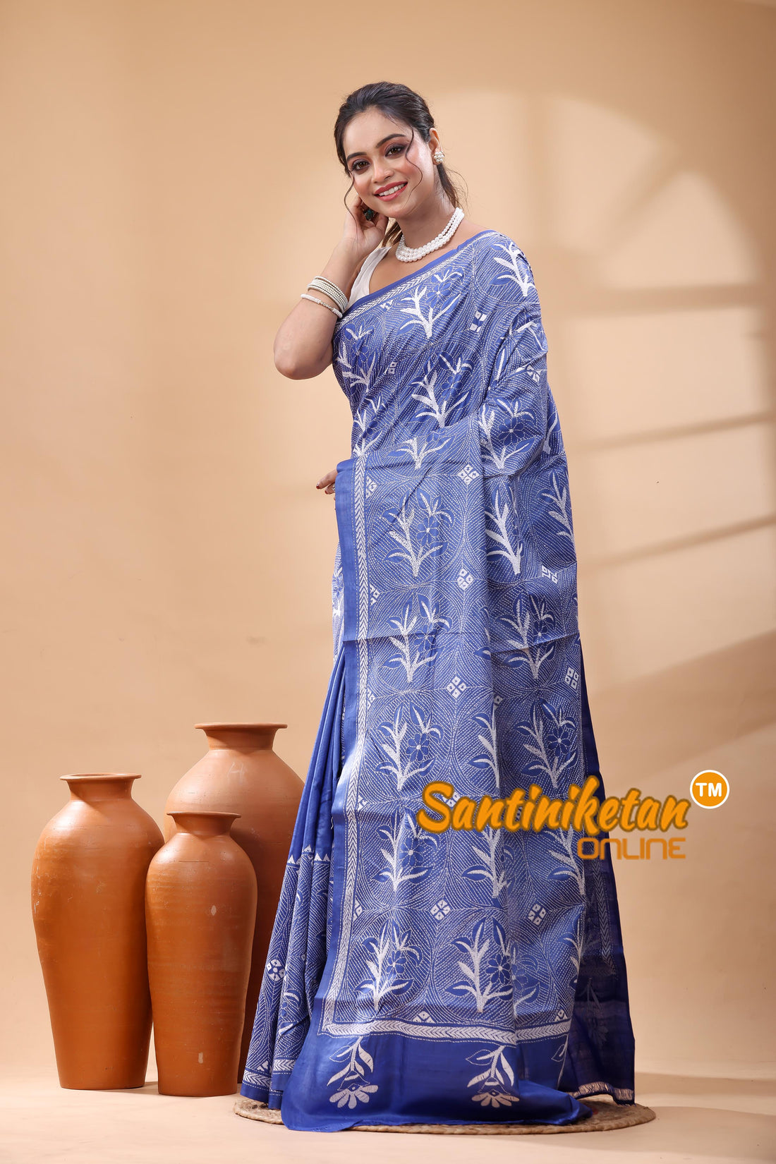 Pure Gachi Dye Tussar Silk Kantha Stitch Saree