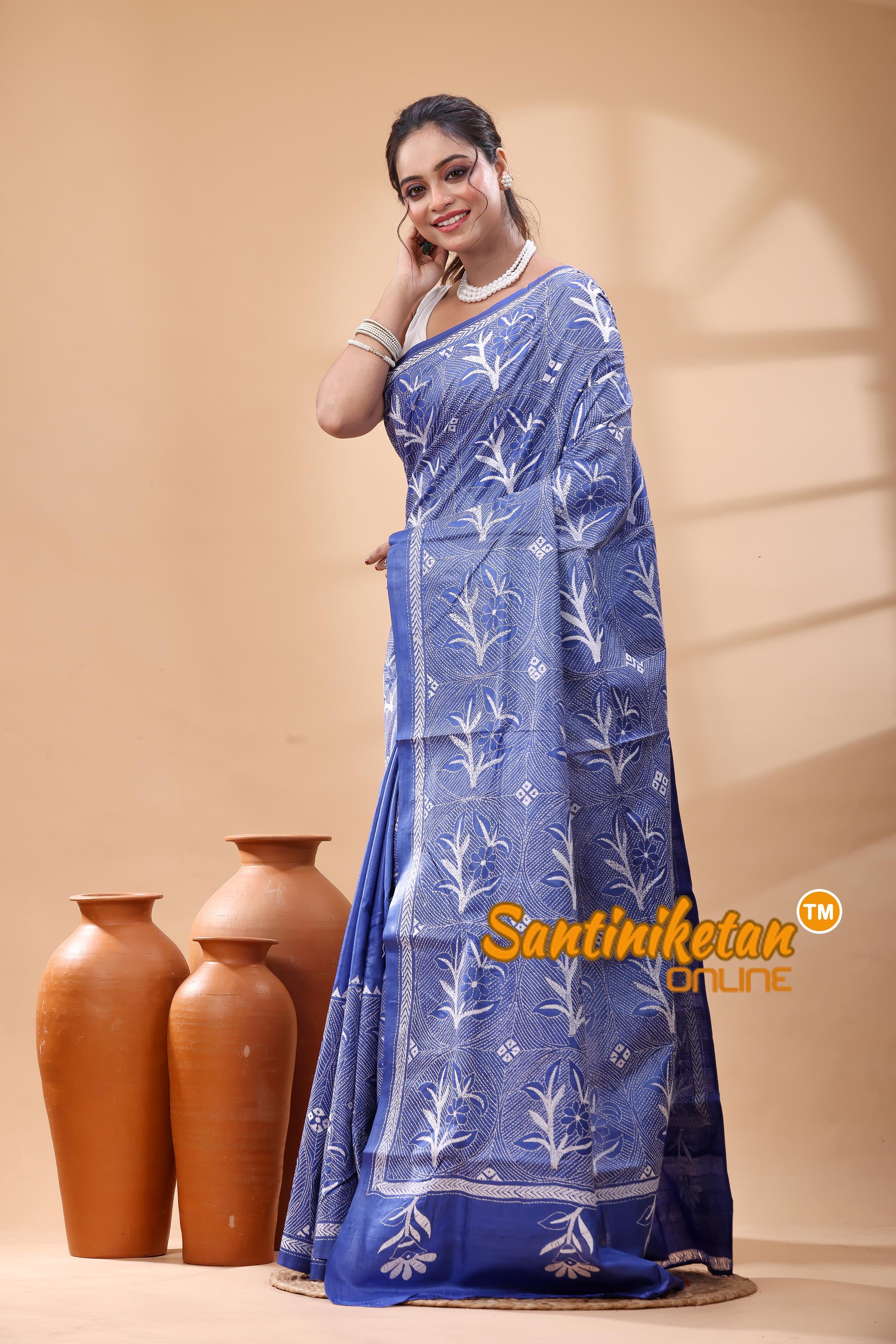 Pure Gachi Dye Tussar Silk Kantha Stitch Saree