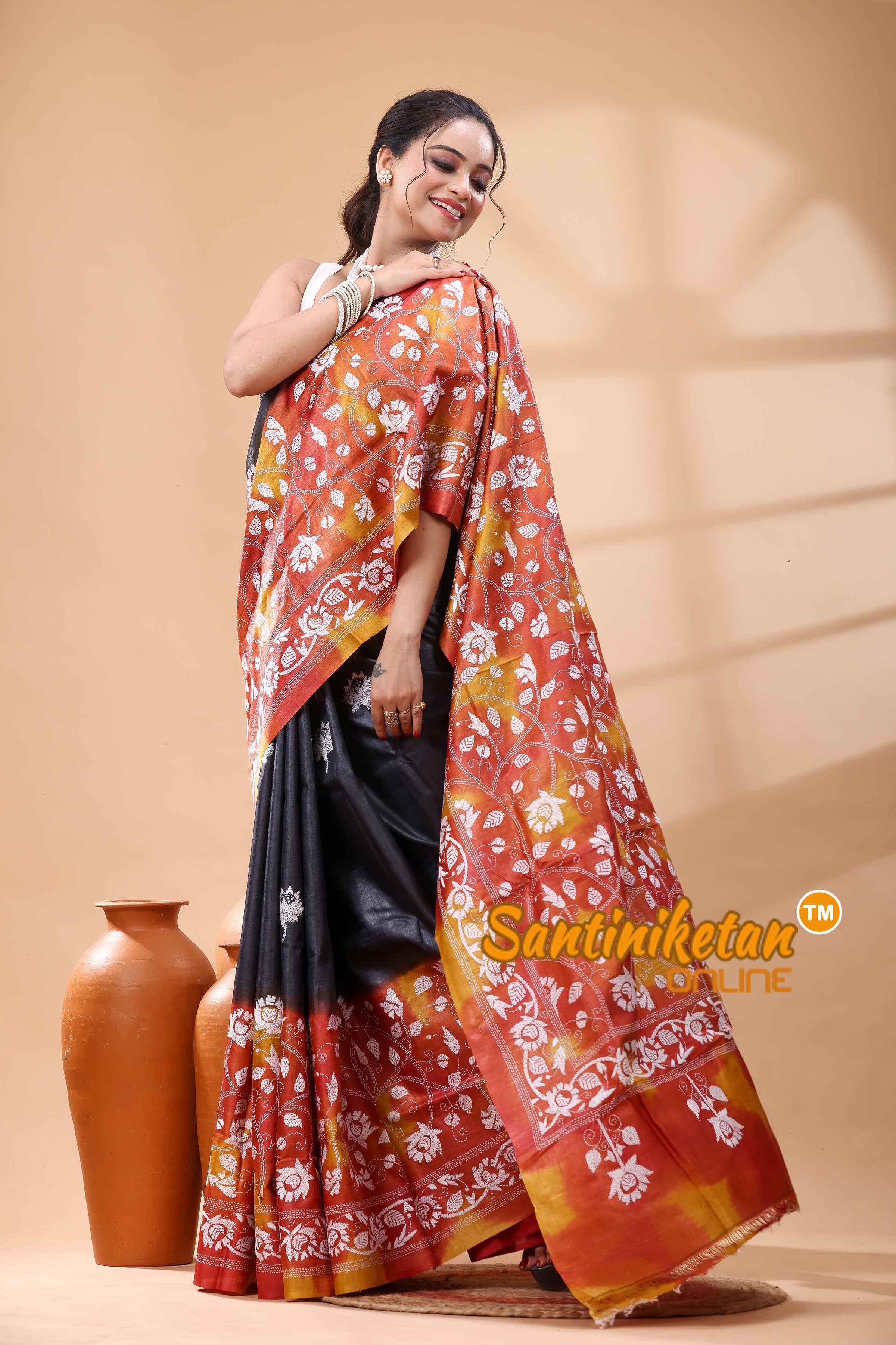 Pure Gachi Dye Tussar Silk Kantha Stitch Saree