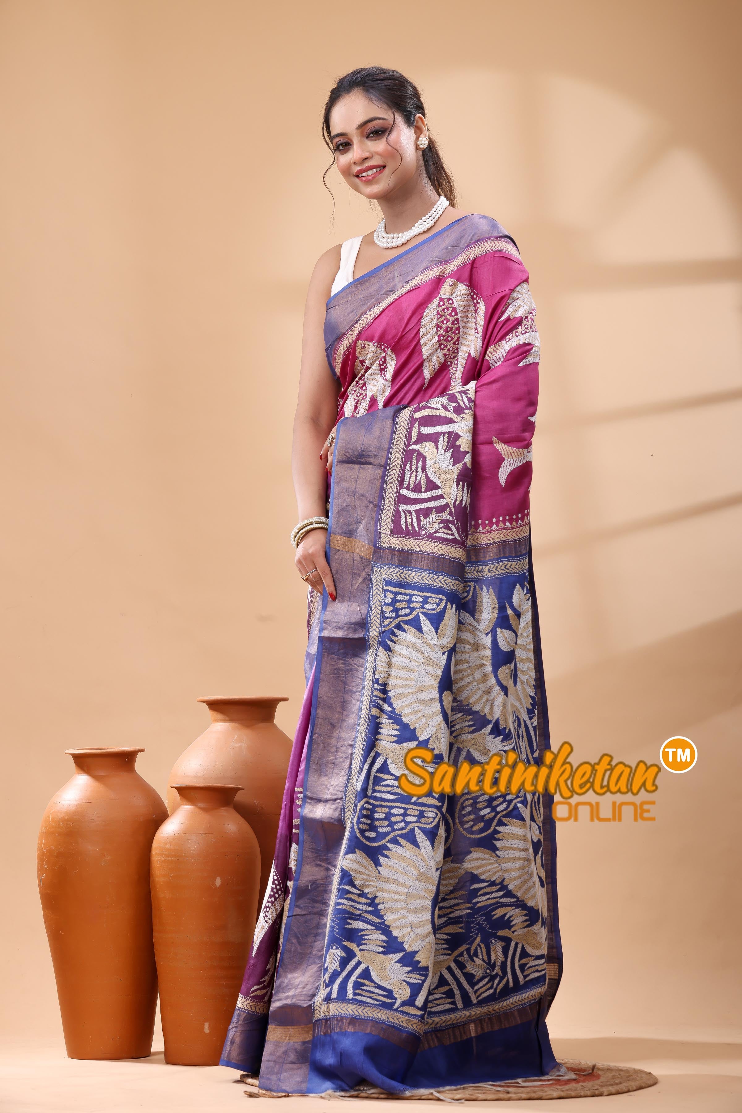 Pure Dye Tussar Silk Kantha Stitch Saree