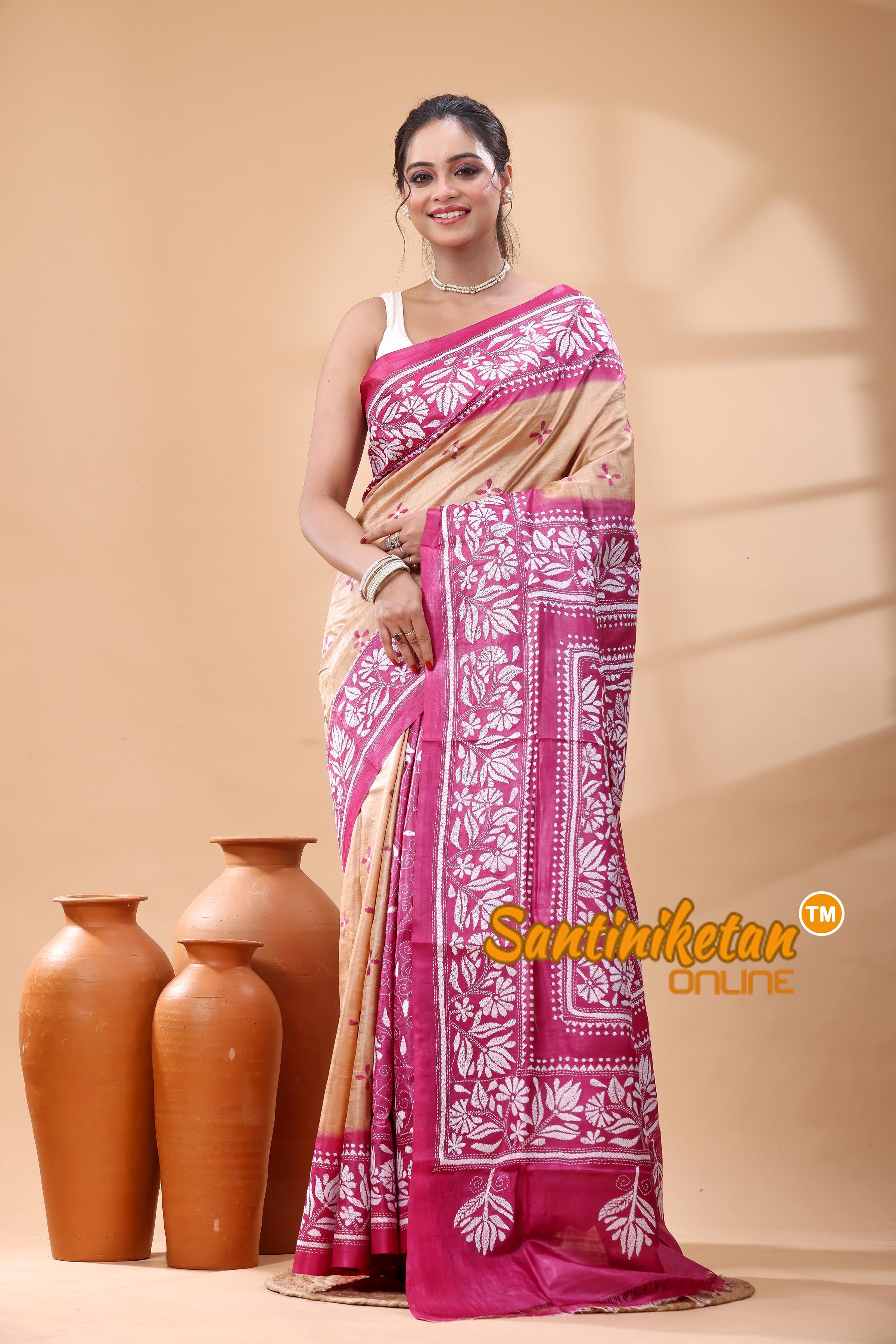 Pure Dye Tussar Silk Kantha Stitch Saree