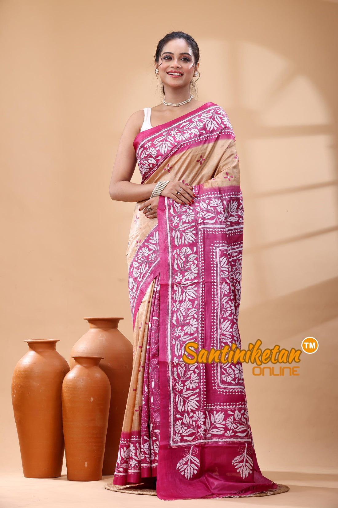 Pure Dye Tussar Silk Kantha Stitch Saree