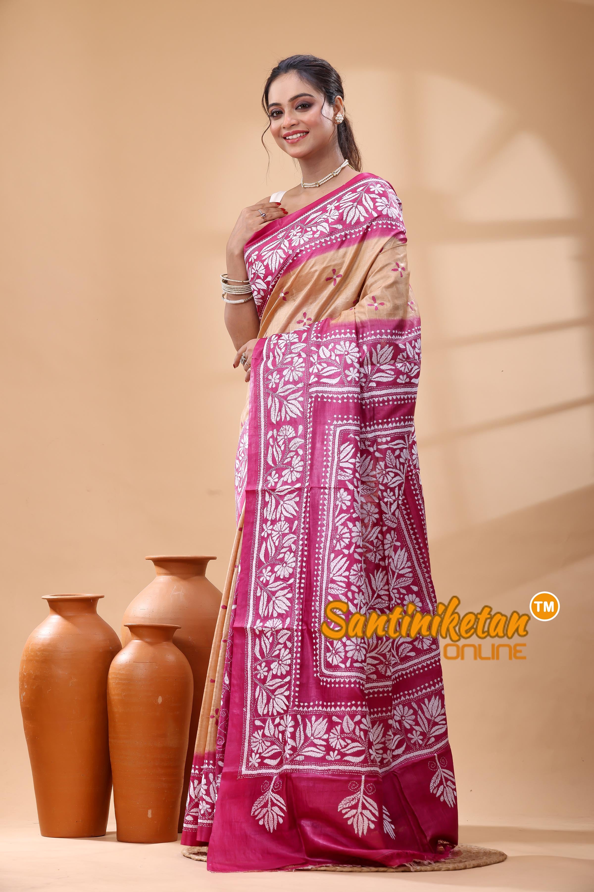 Pure Dye Tussar Silk Kantha Stitch Saree