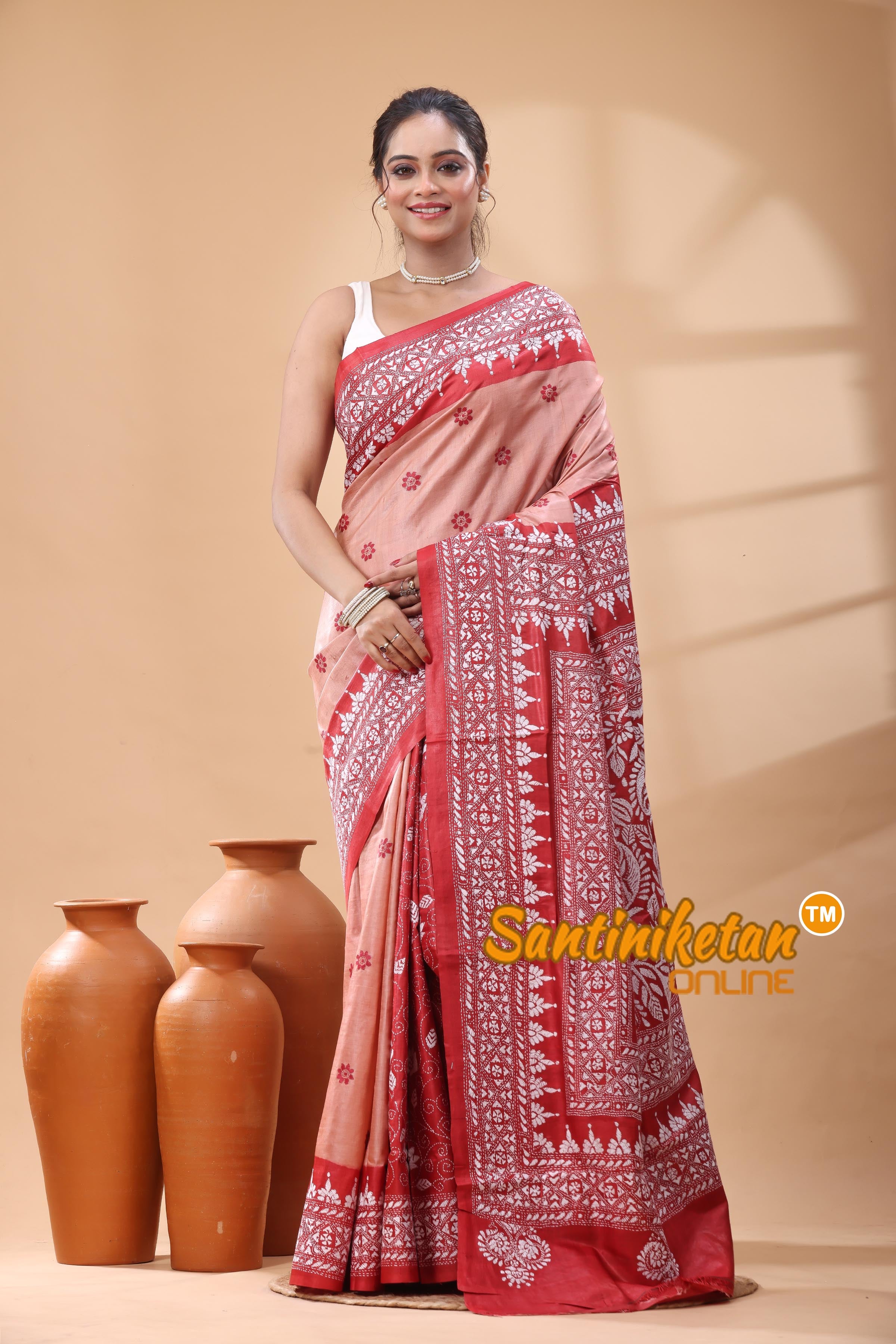 Pure Dye Tussar Silk Kantha Stitch Saree