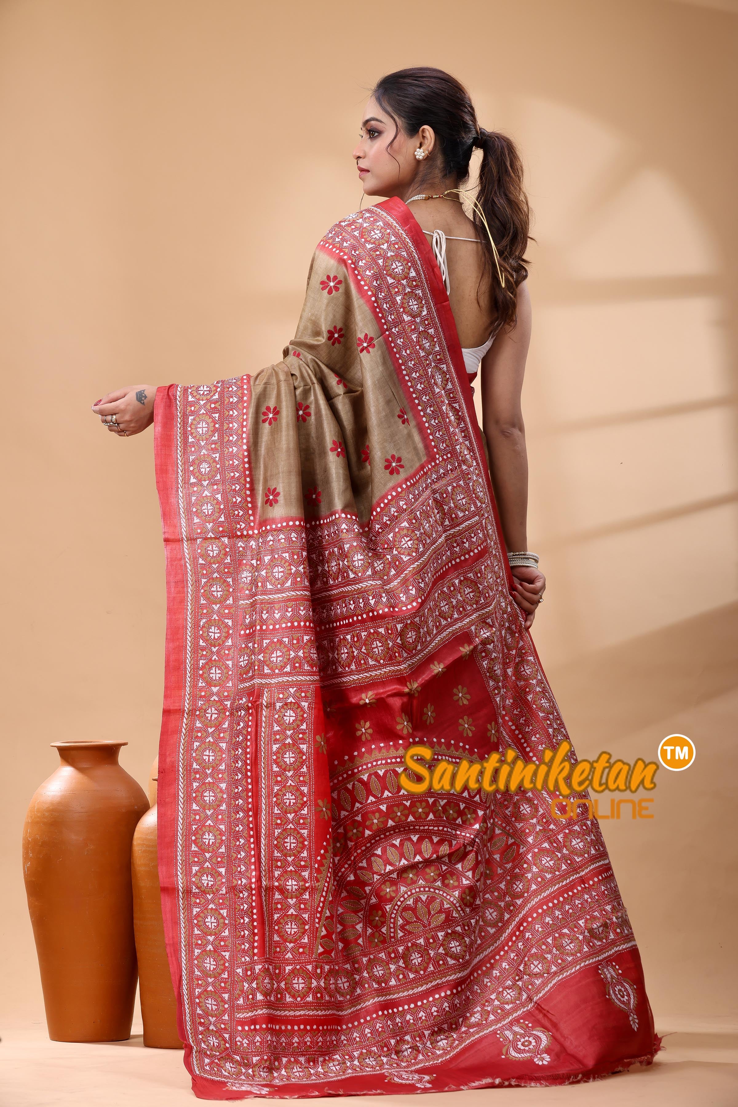 Pure Dye Tussar Silk Kantha Stitch Saree