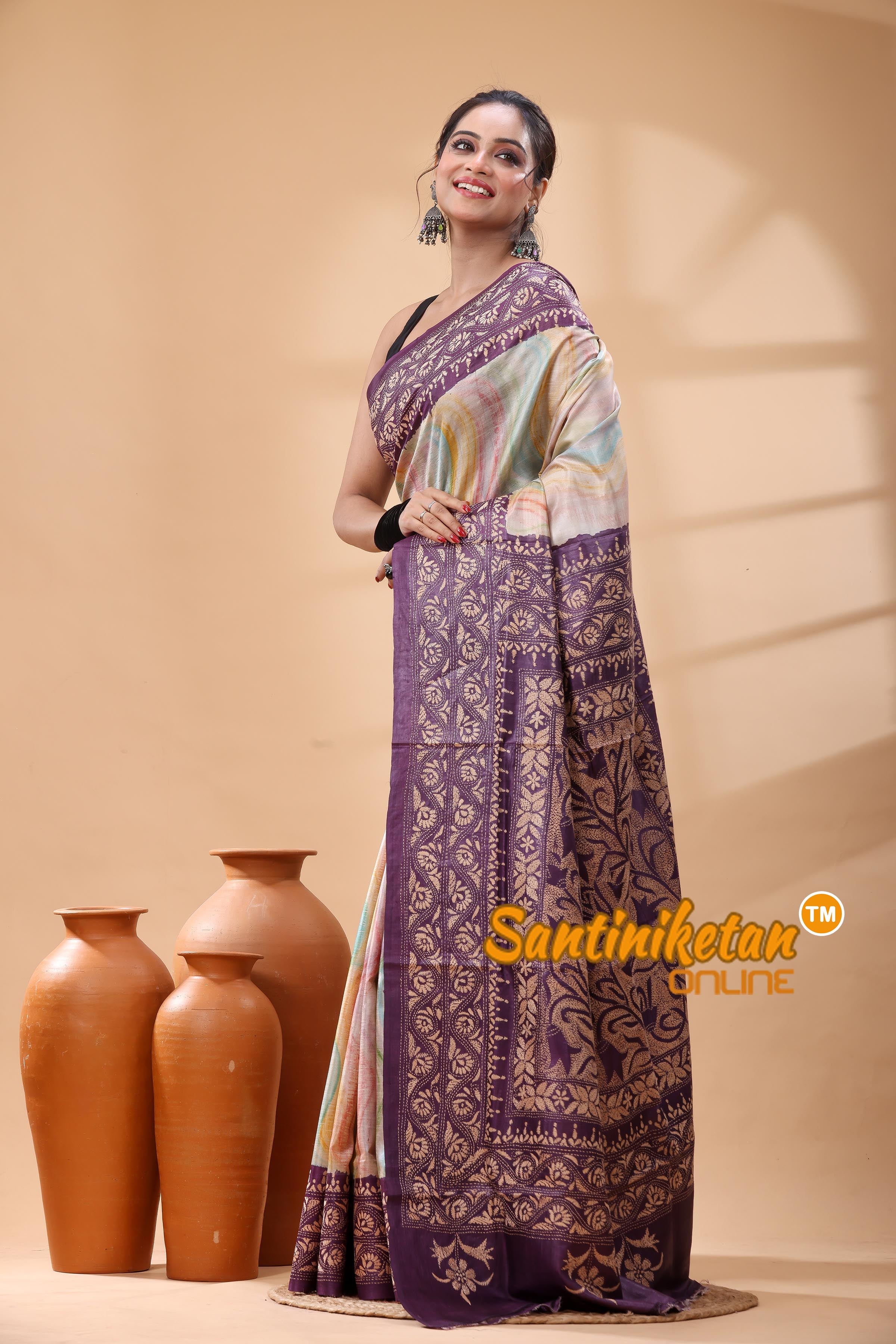 Pure Dye Tussar Silk Kantha Stitch Saree