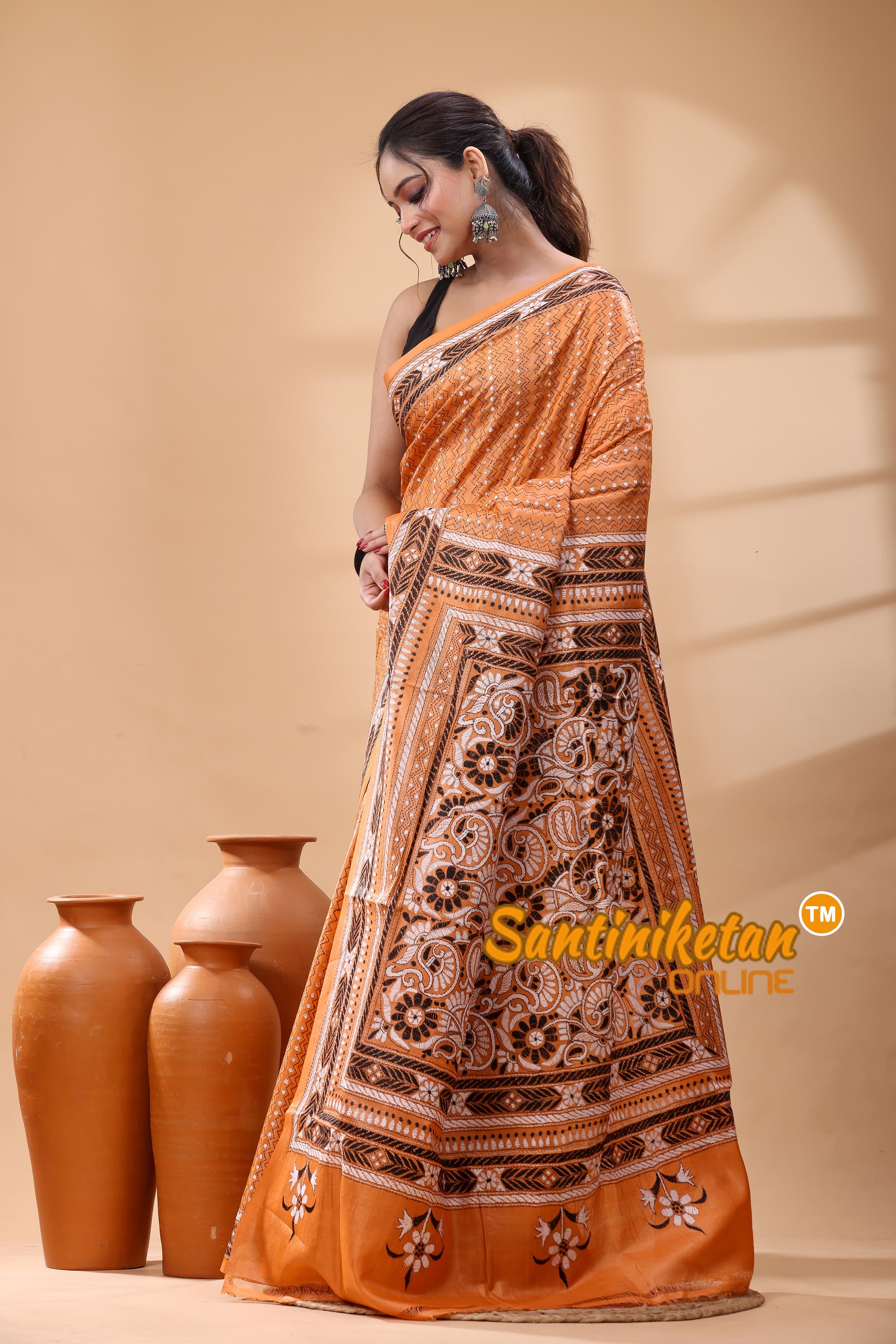 Pure Dye Tussar Silk Kantha Stitch Saree