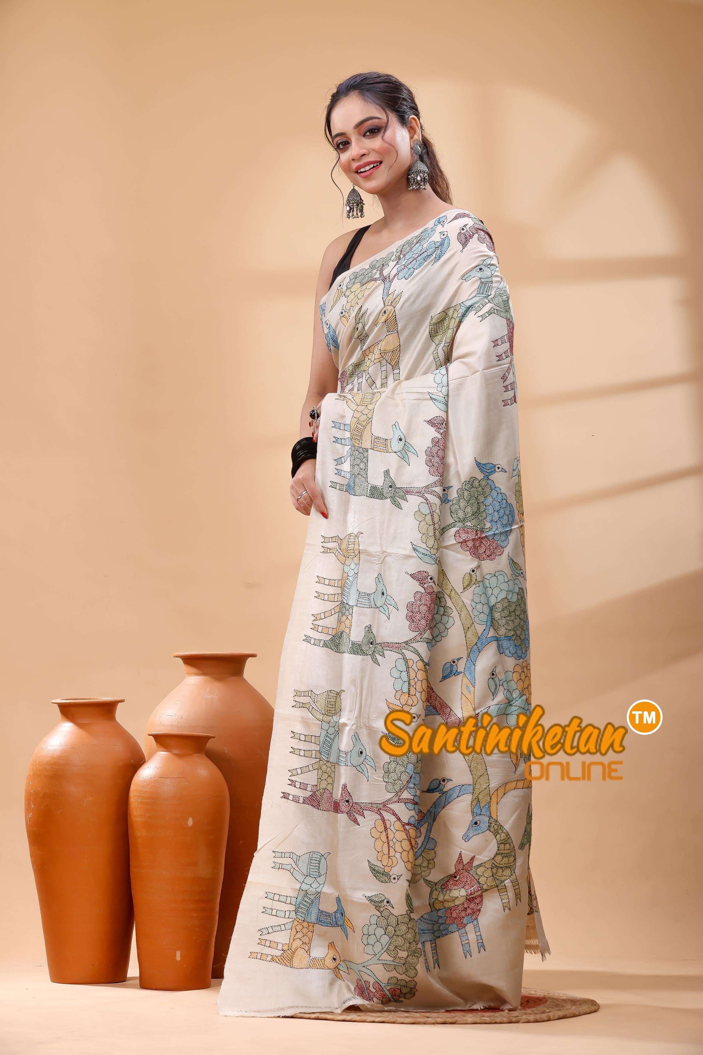 Pure Gachi Tussar Silk Kantha Stitch Saree