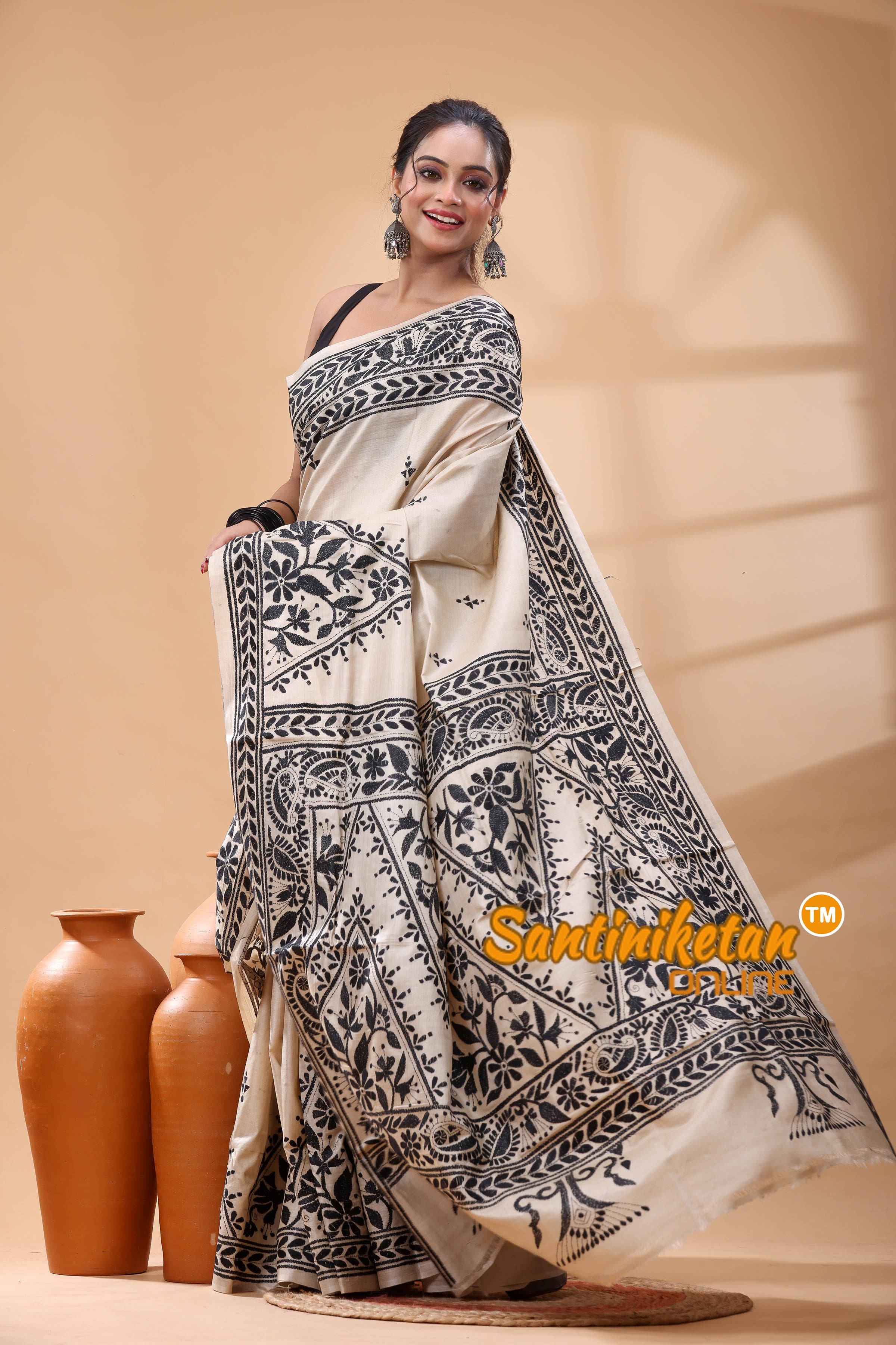Pure Gachi Tussar Silk Kantha Stitch Saree