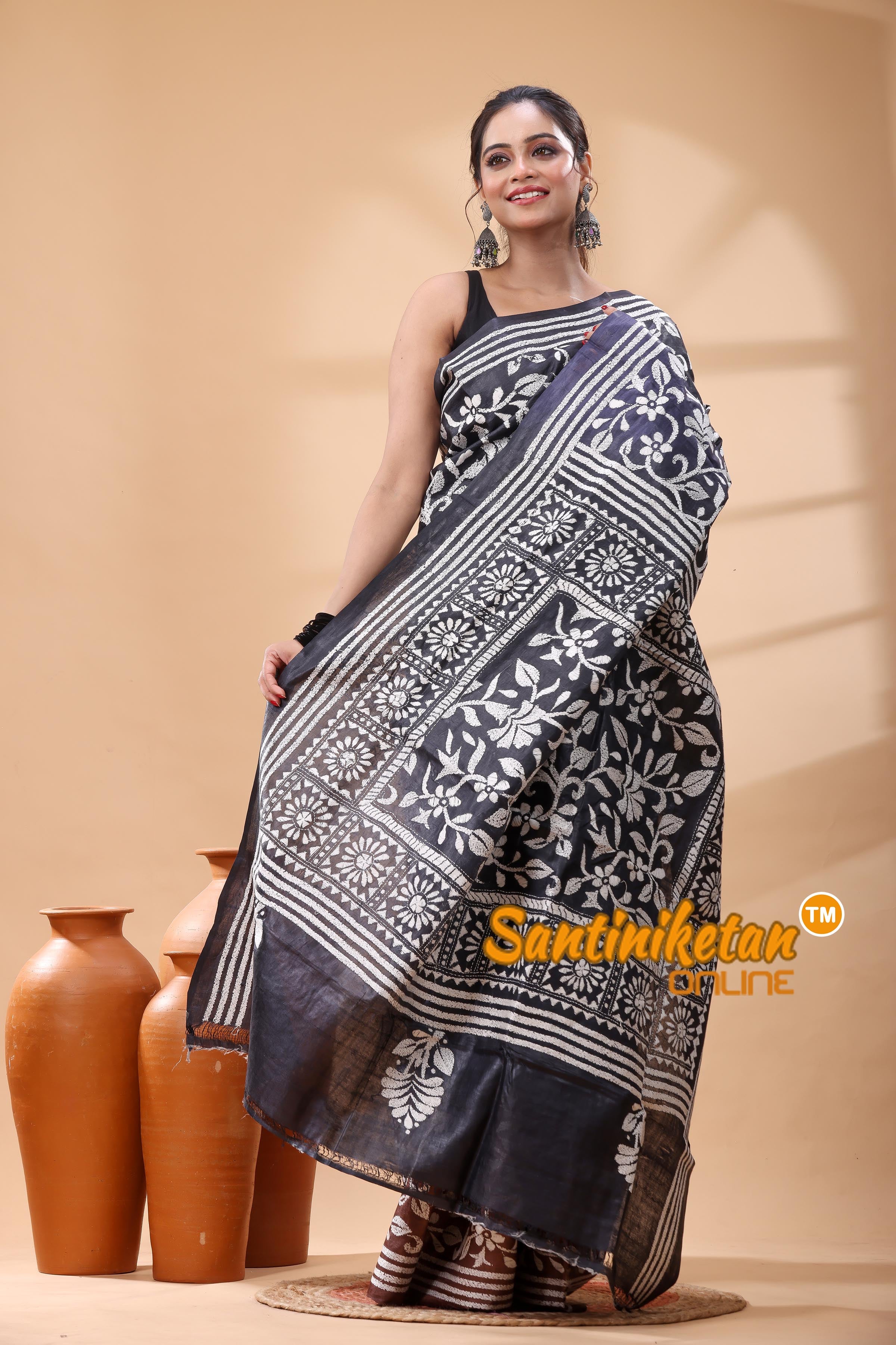 Pure Dye Tussar Silk Kantha Stitch Saree