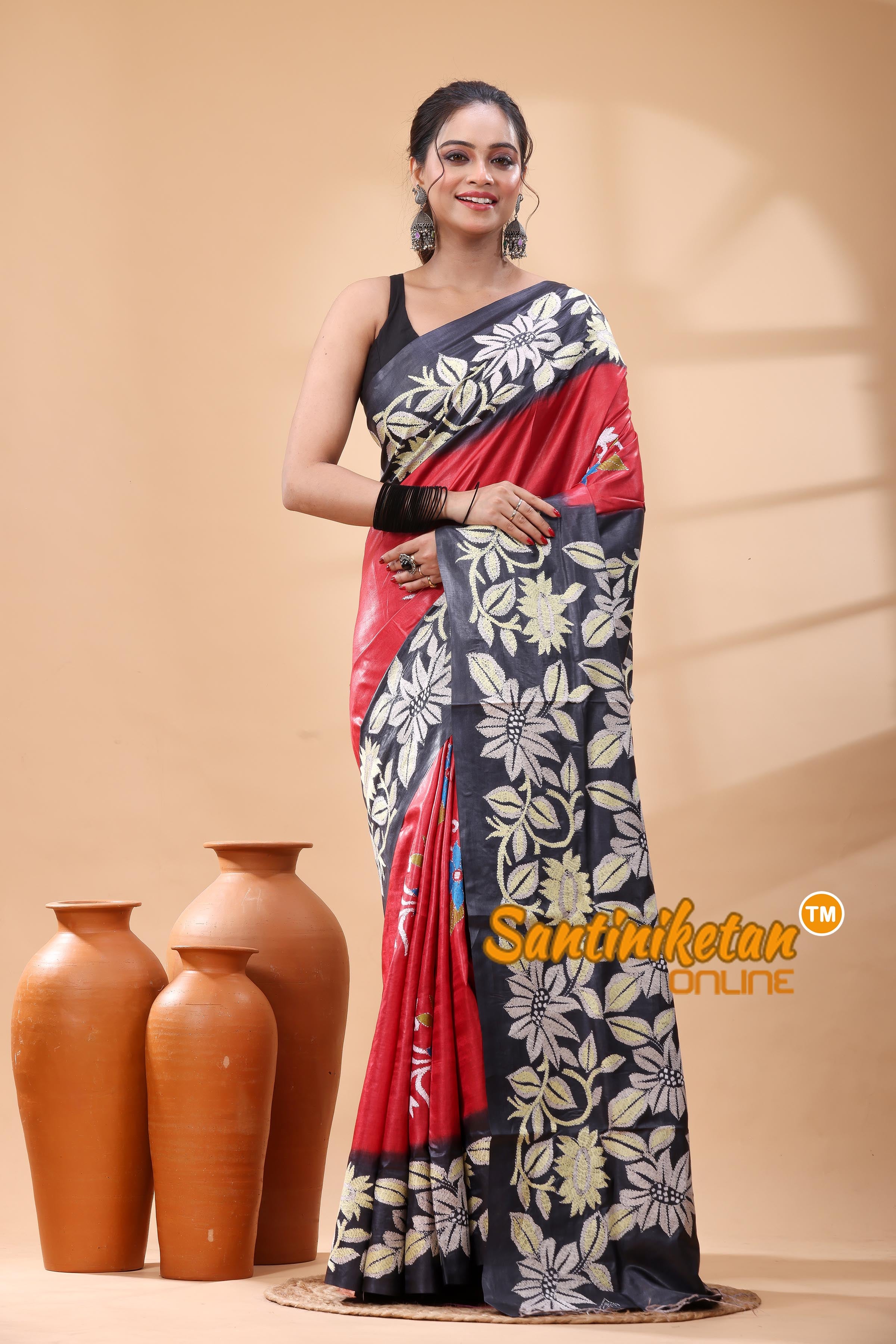 Pure Dye Tussar Silk Kantha Stitch Saree