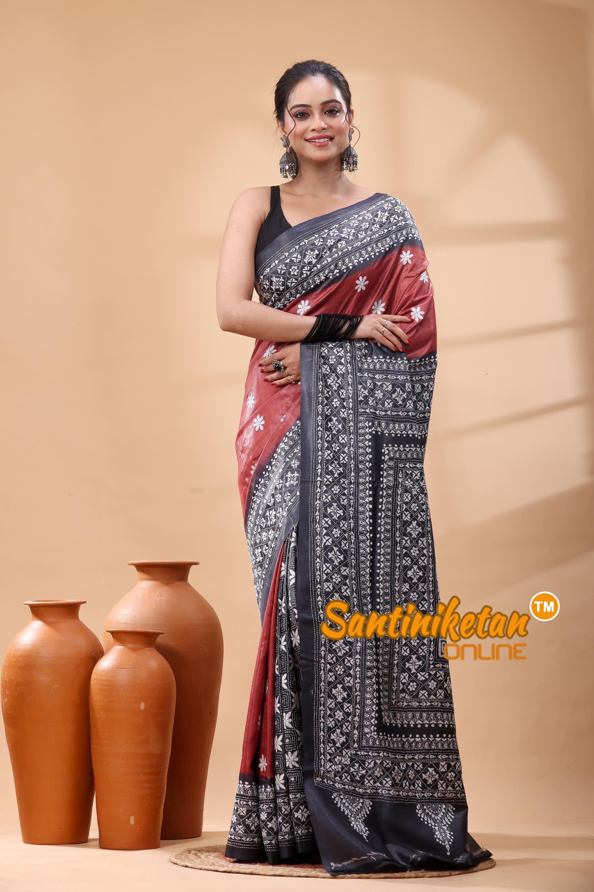 Pure Dye Tussar Silk Kantha Stitch Saree