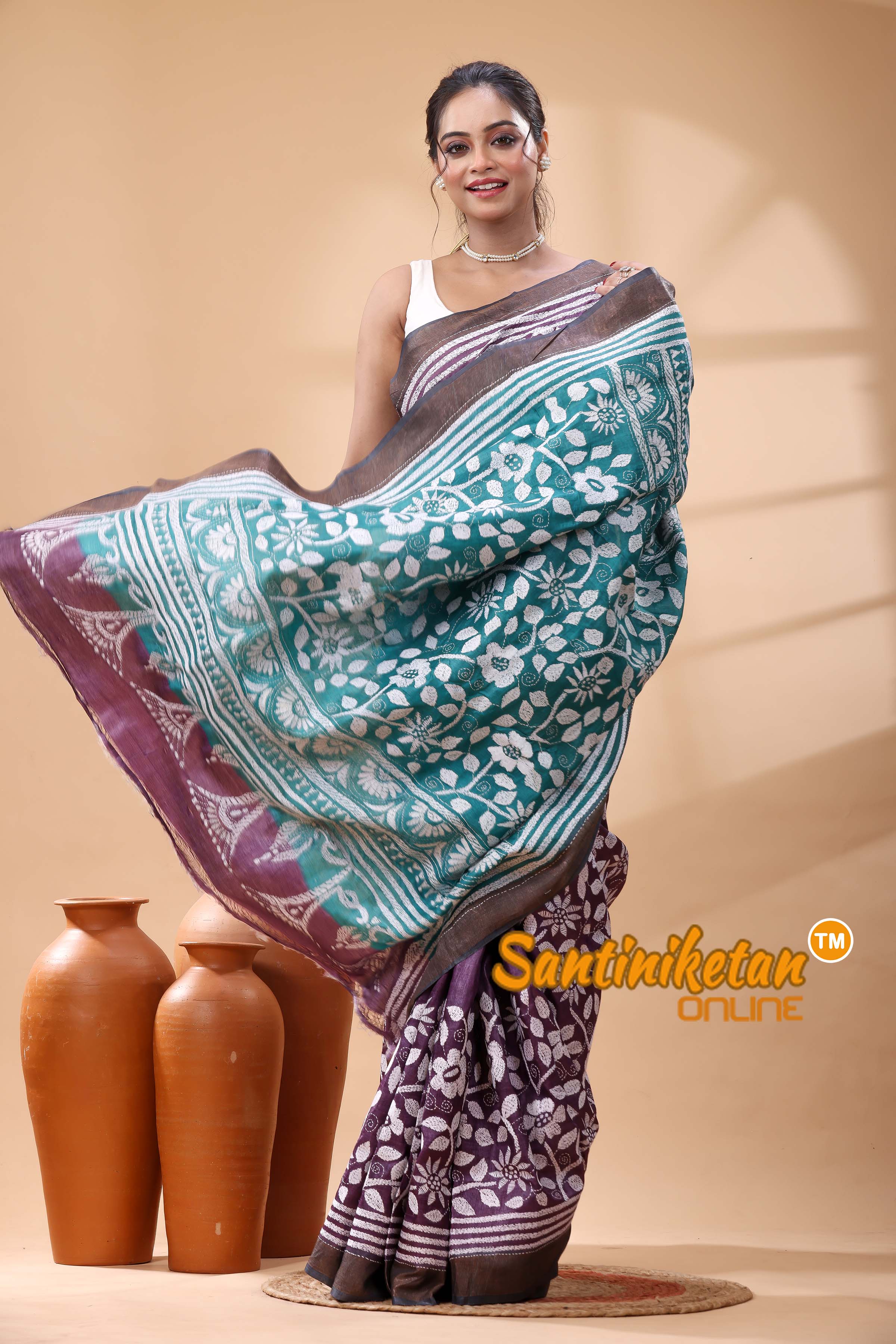 Pure Dye Tussar Silk Kantha Stitch Saree