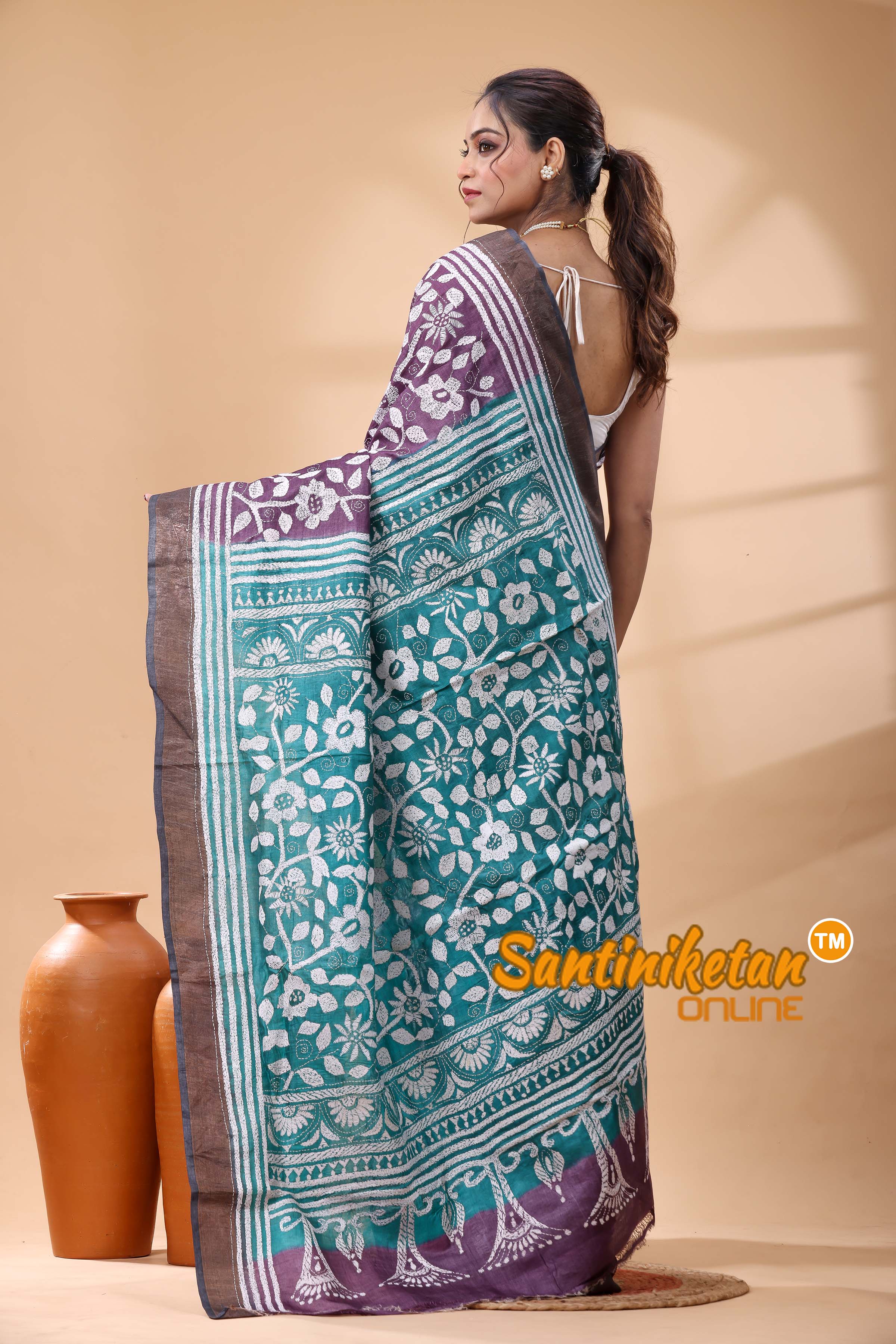 Pure Dye Tussar Silk Kantha Stitch Saree