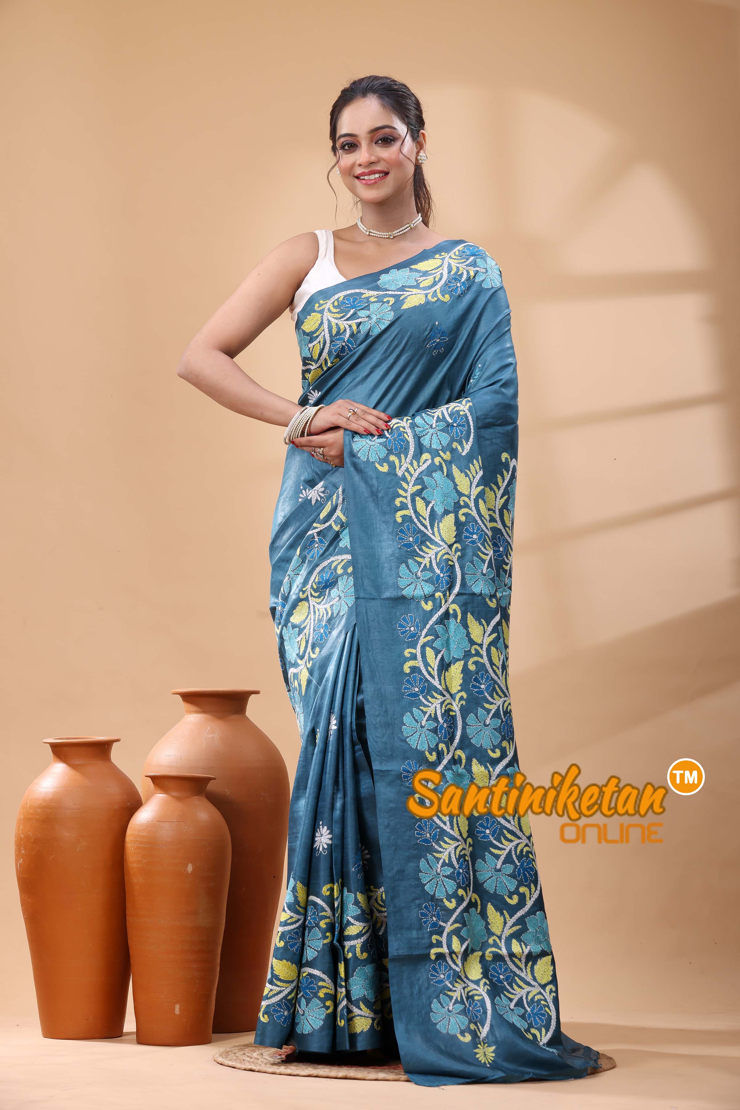 Pure Dye Tussar Silk Kantha Stitch Saree