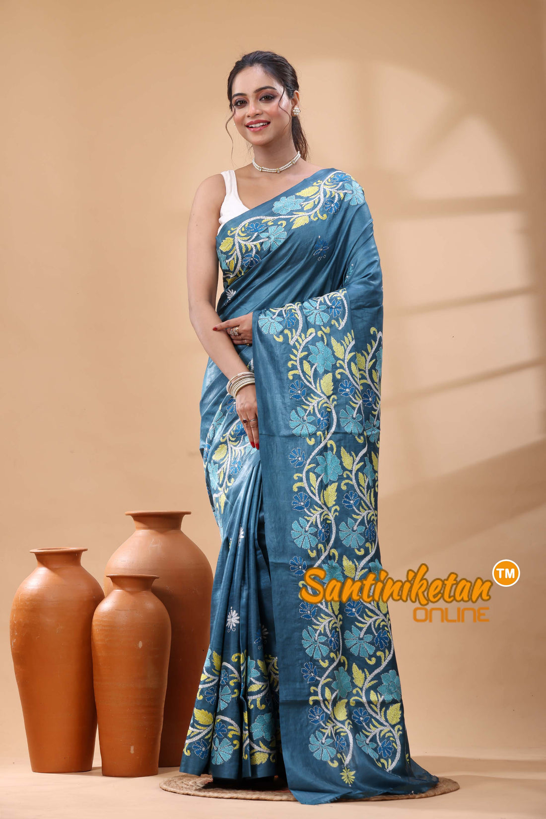 Pure Dye Tussar Silk Kantha Stitch Saree