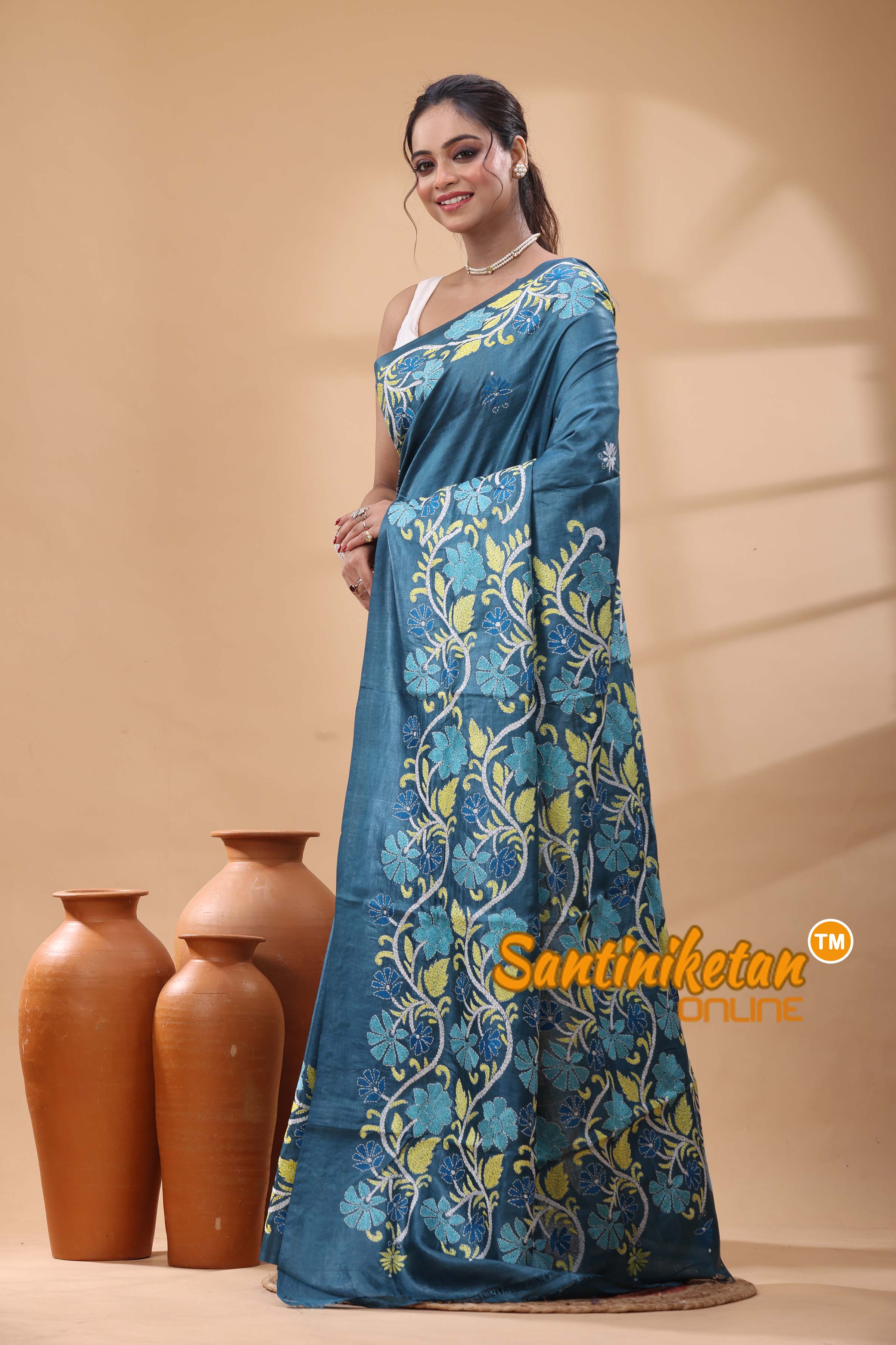 Pure Dye Tussar Silk Kantha Stitch Saree