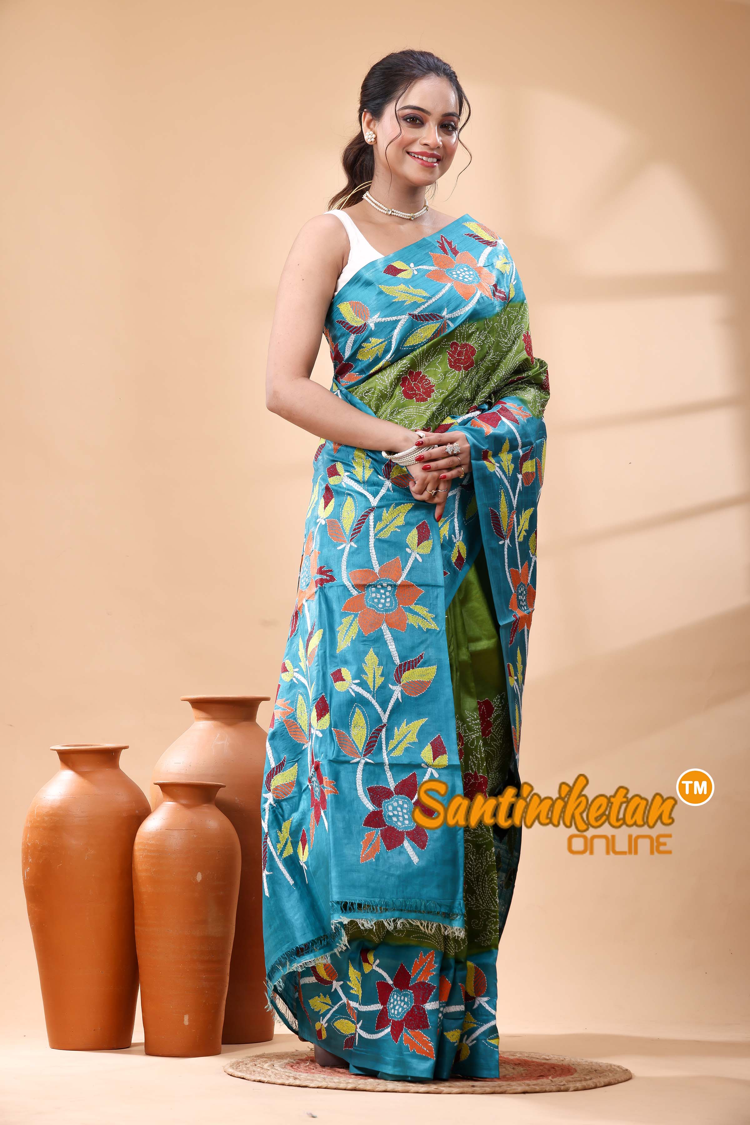 Pure Dye Tussar Silk Kantha Stitch Saree