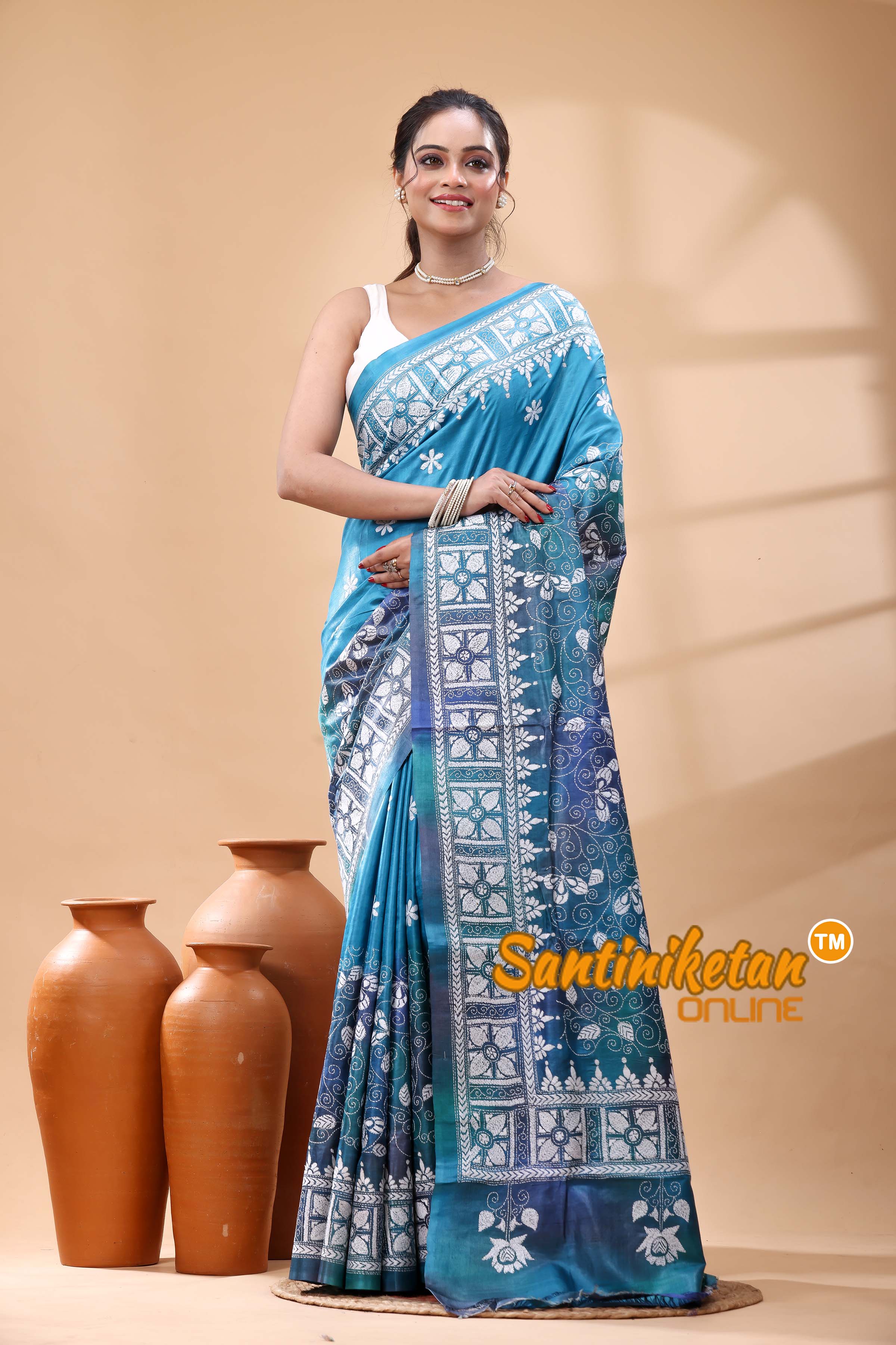 Pure Dye Tussar Silk Kantha Stitch Saree