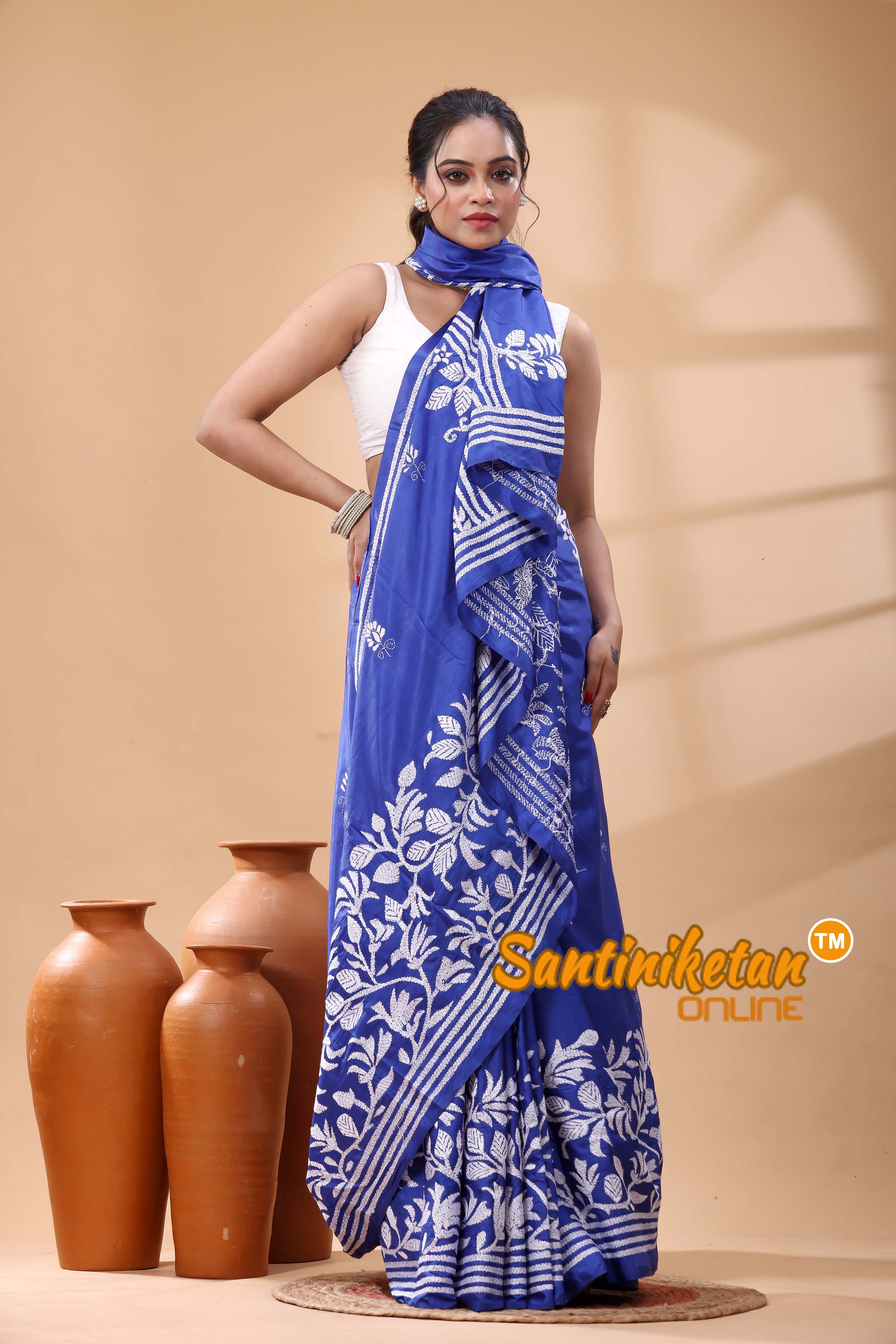 Pure Dye Tussar Silk Kantha Stitch Saree