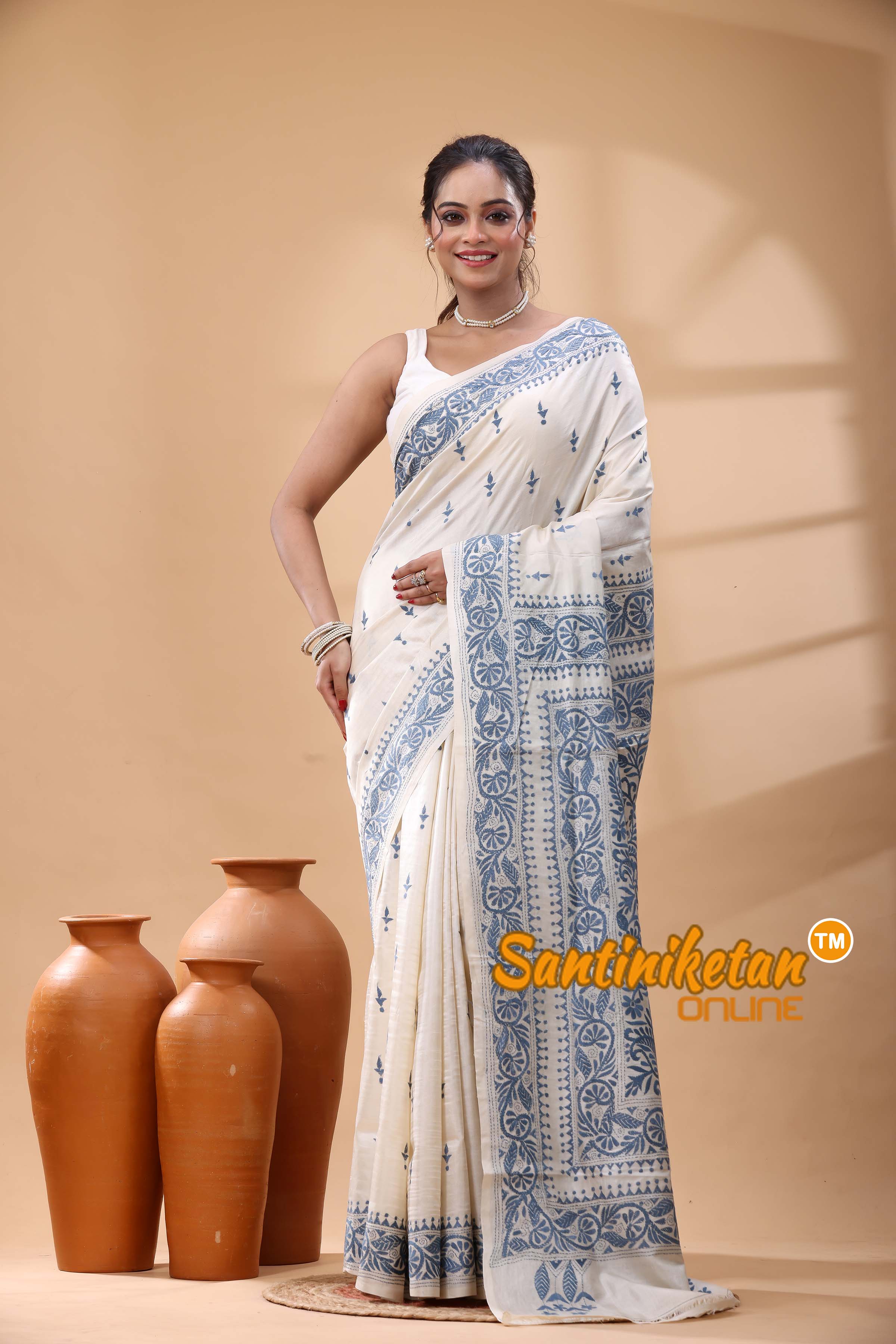 Pure Tussar Silk Kantha Stitch Saree