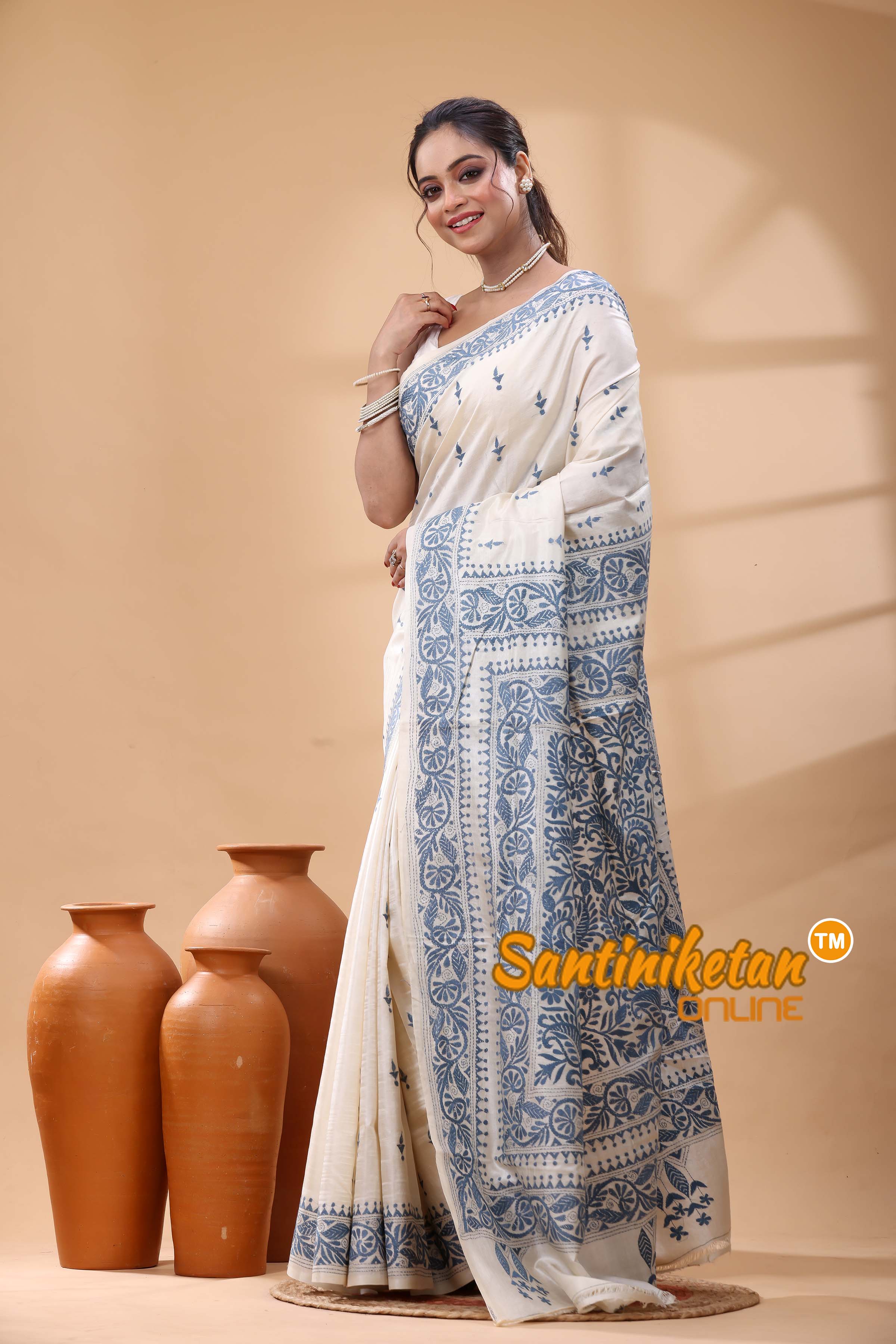 Pure Tussar Silk Kantha Stitch Saree