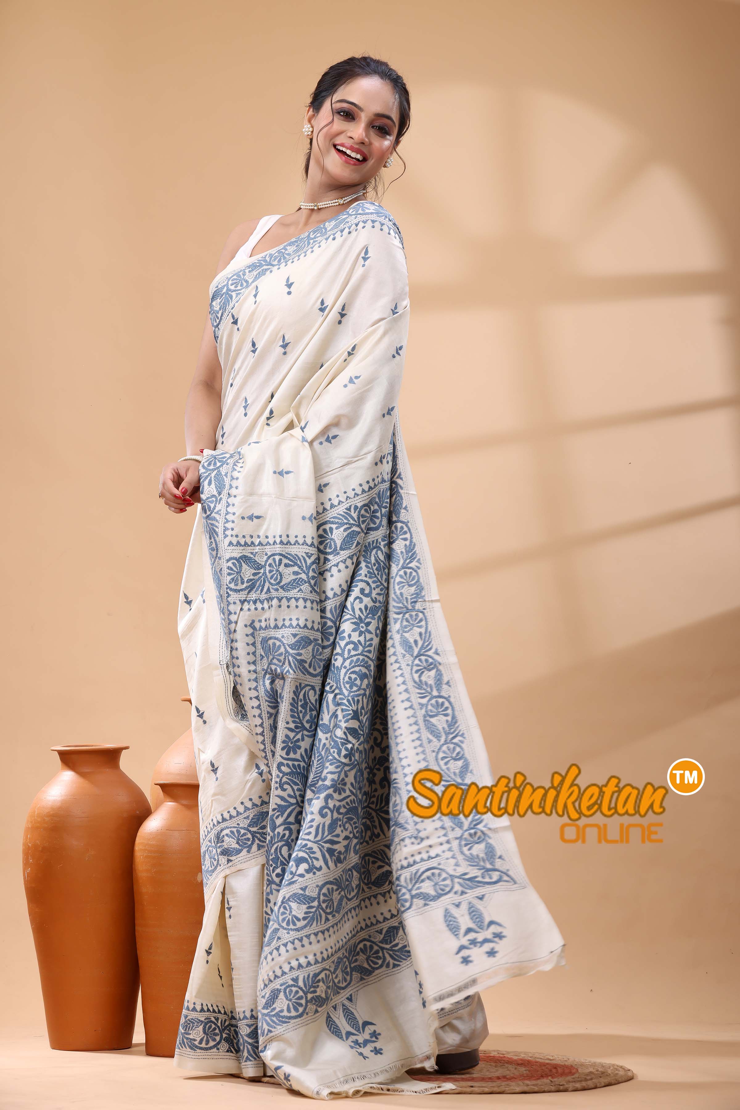 Pure Tussar Silk Kantha Stitch Saree