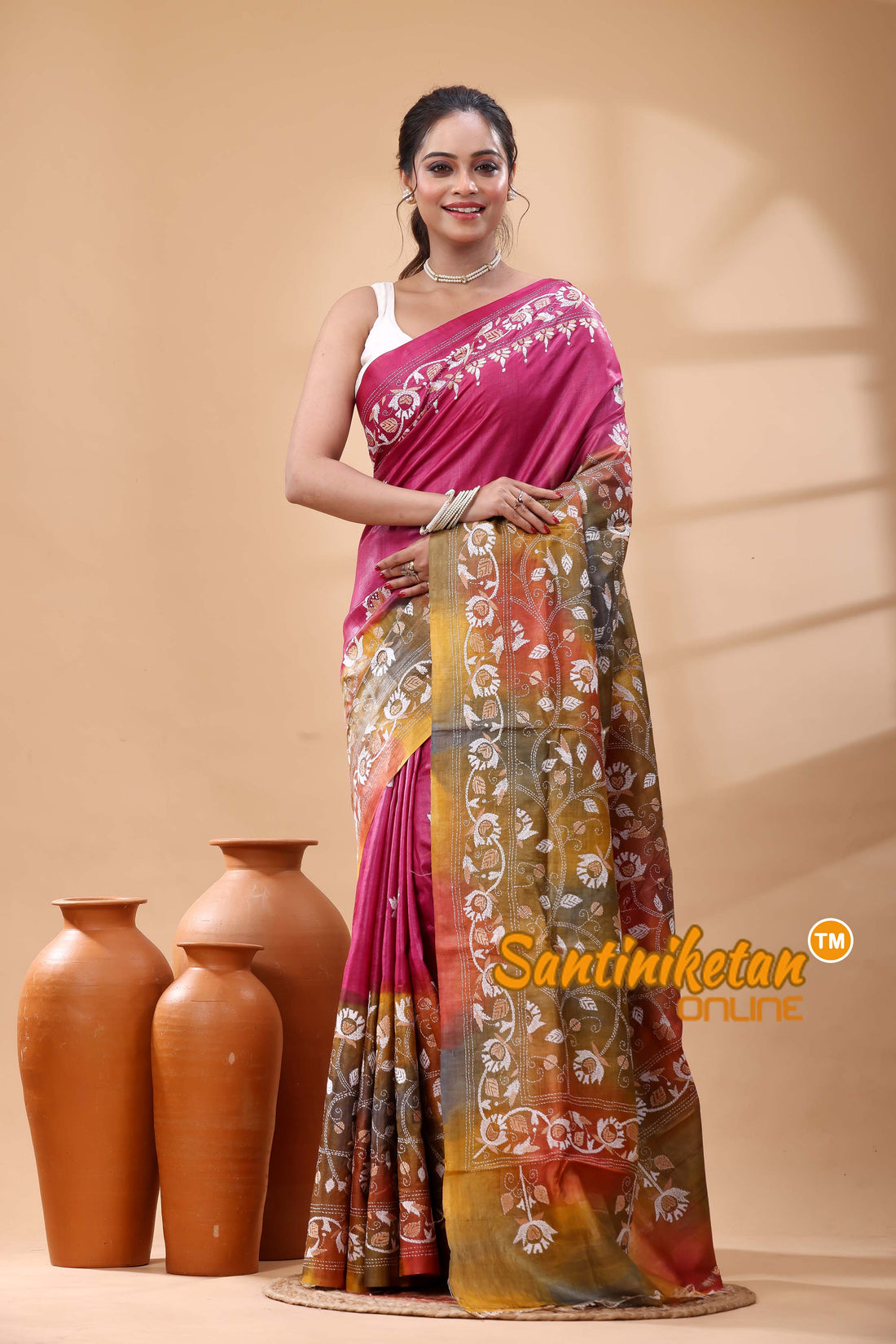 Pure Dye Tussar Silk Kantha Stitch Saree