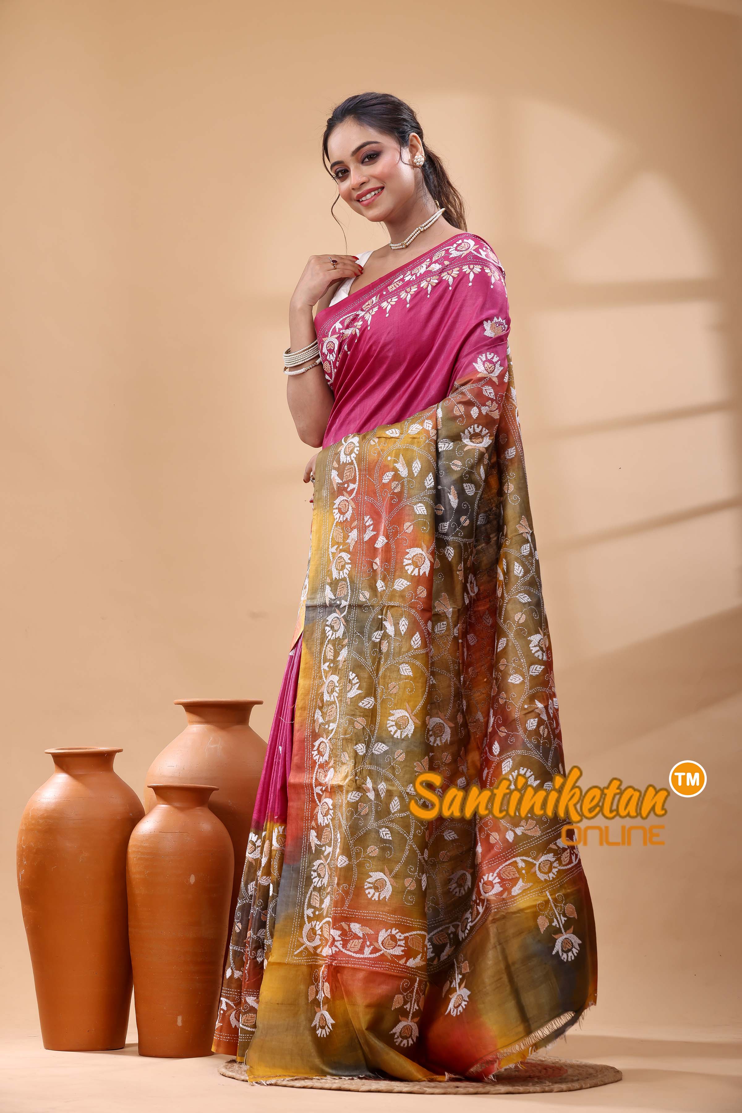 Pure Dye Tussar Silk Kantha Stitch Saree