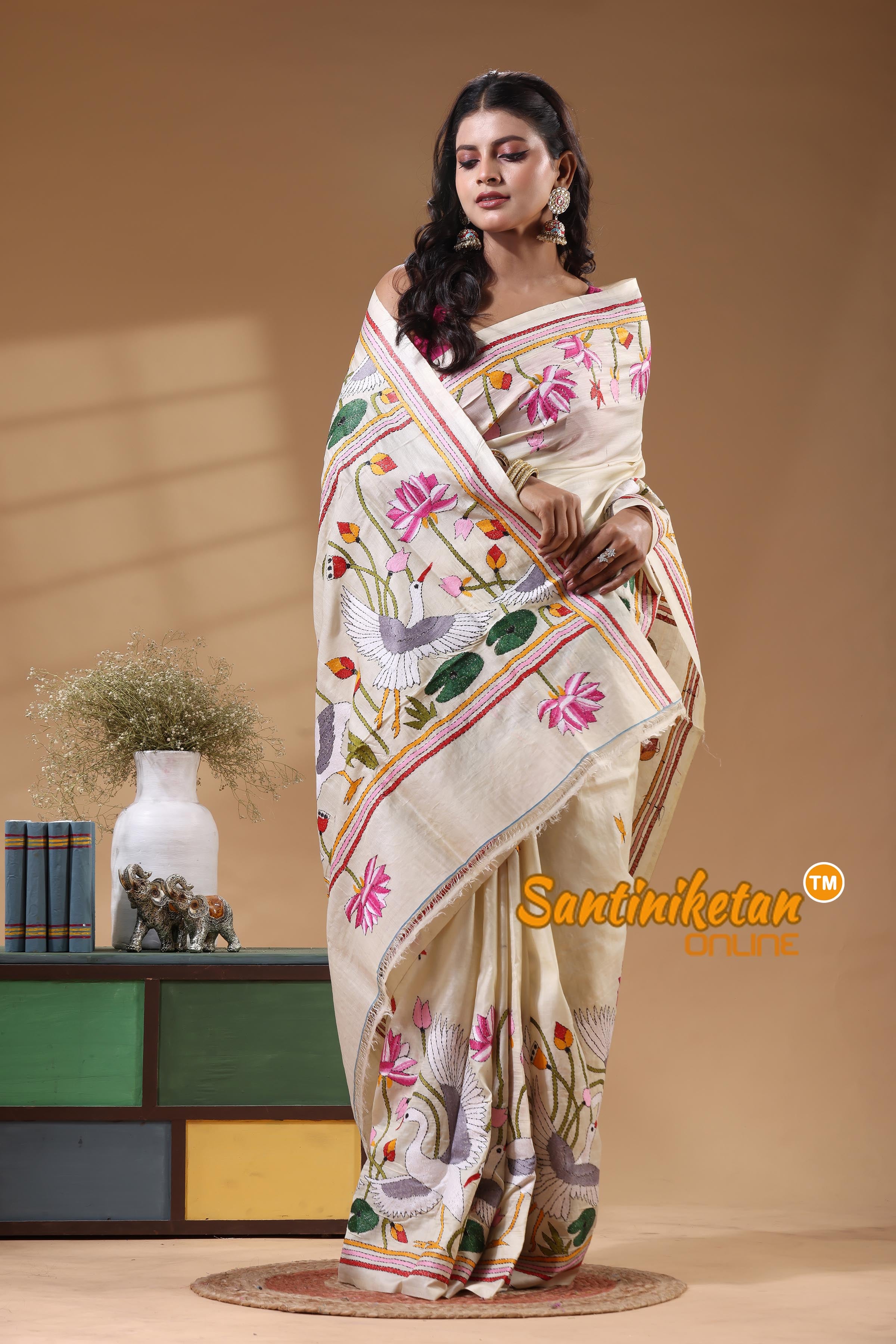 Tussar Silk Kantha Stitch Saree