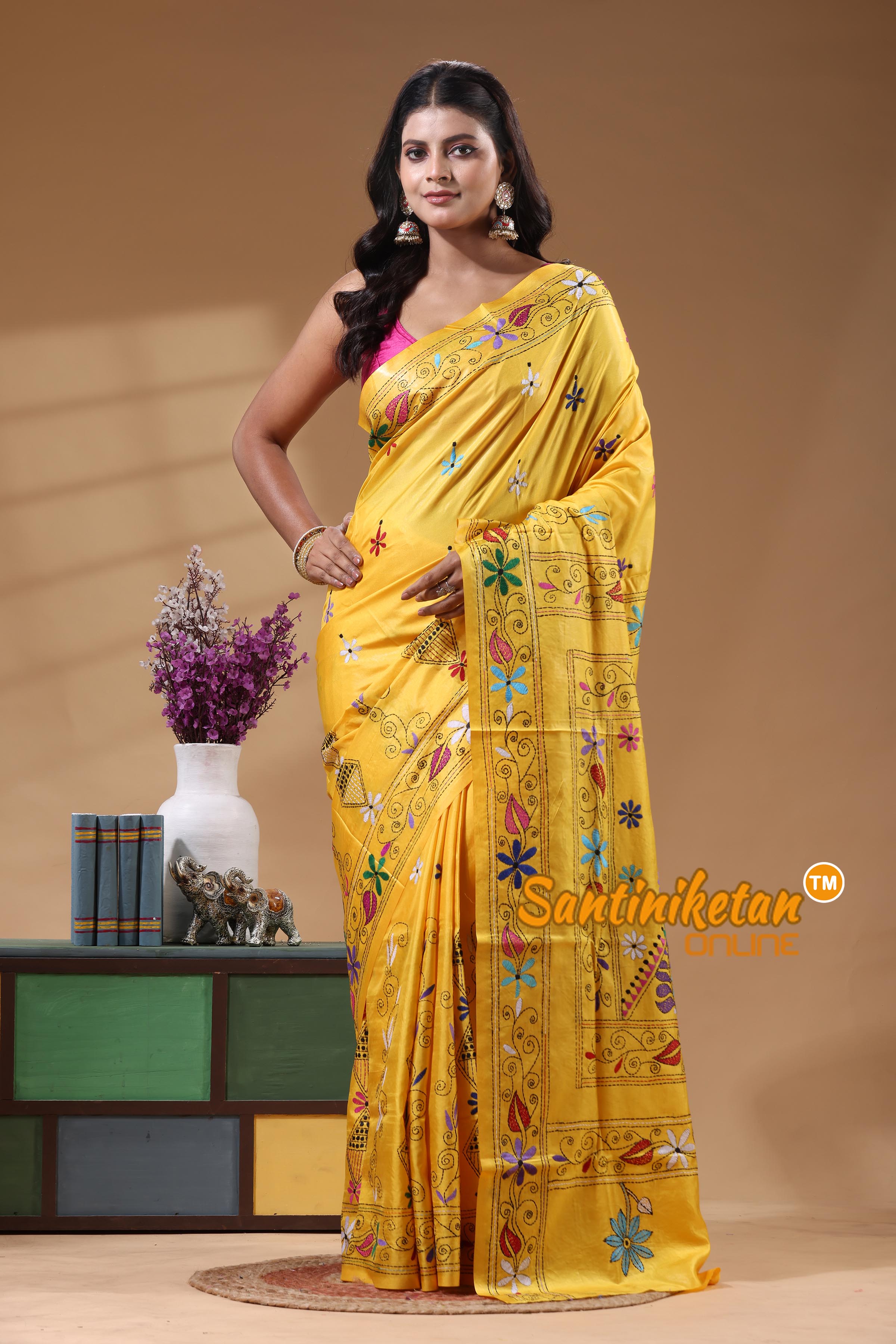 Bangalore Silk Kantha Stitch Saree