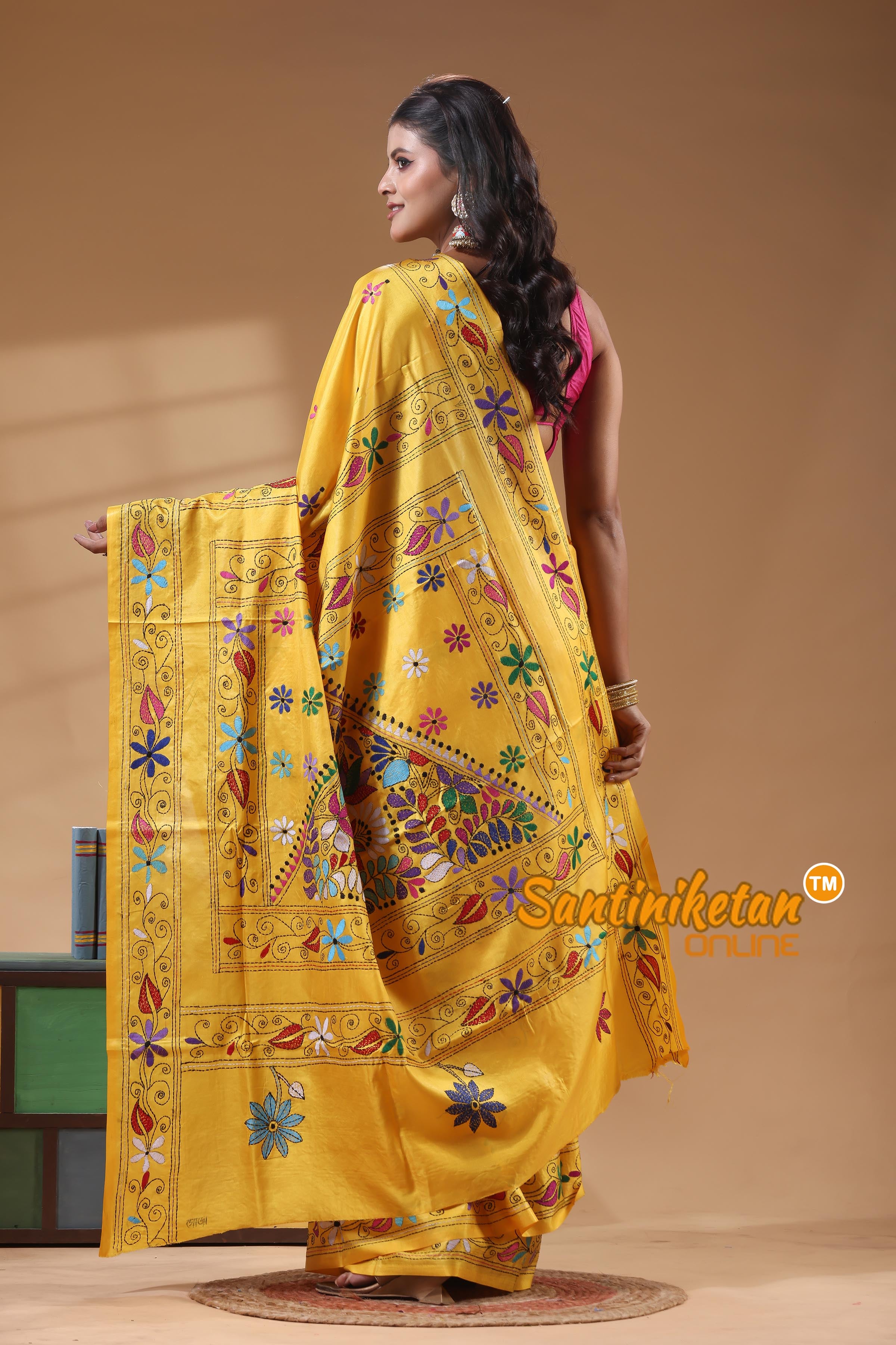 Bangalore Silk Kantha Stitch Saree