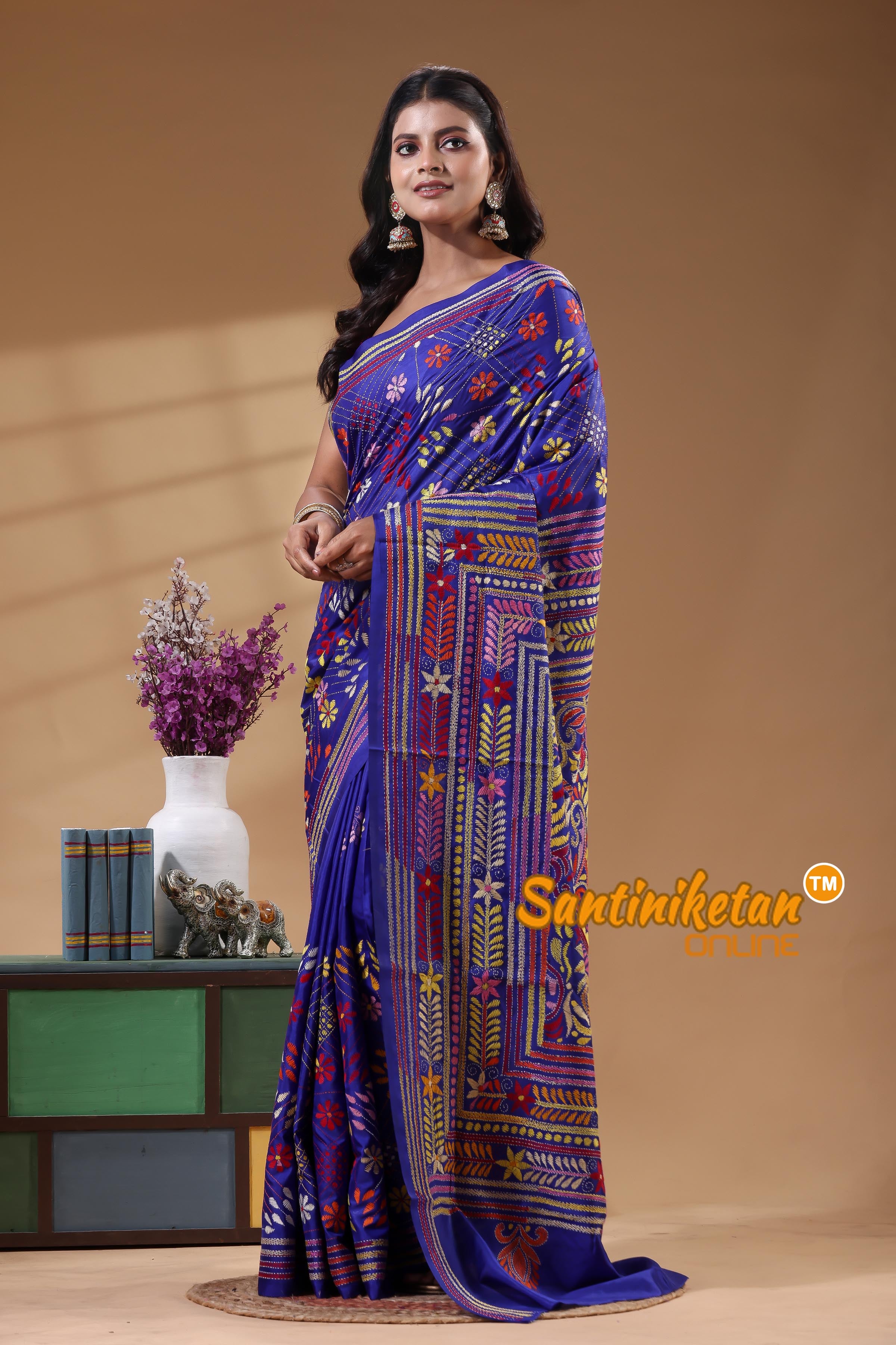Bangalore Silk Kantha Stitch Saree