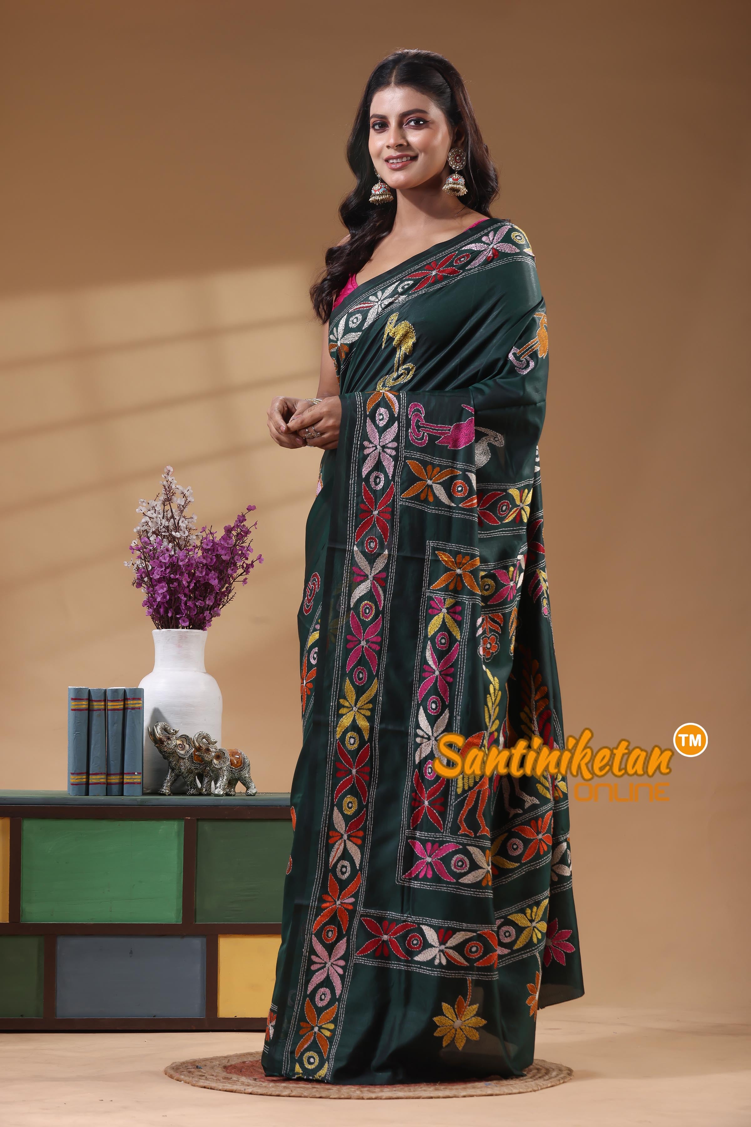 Bangalore Silk Kantha Stitch Saree