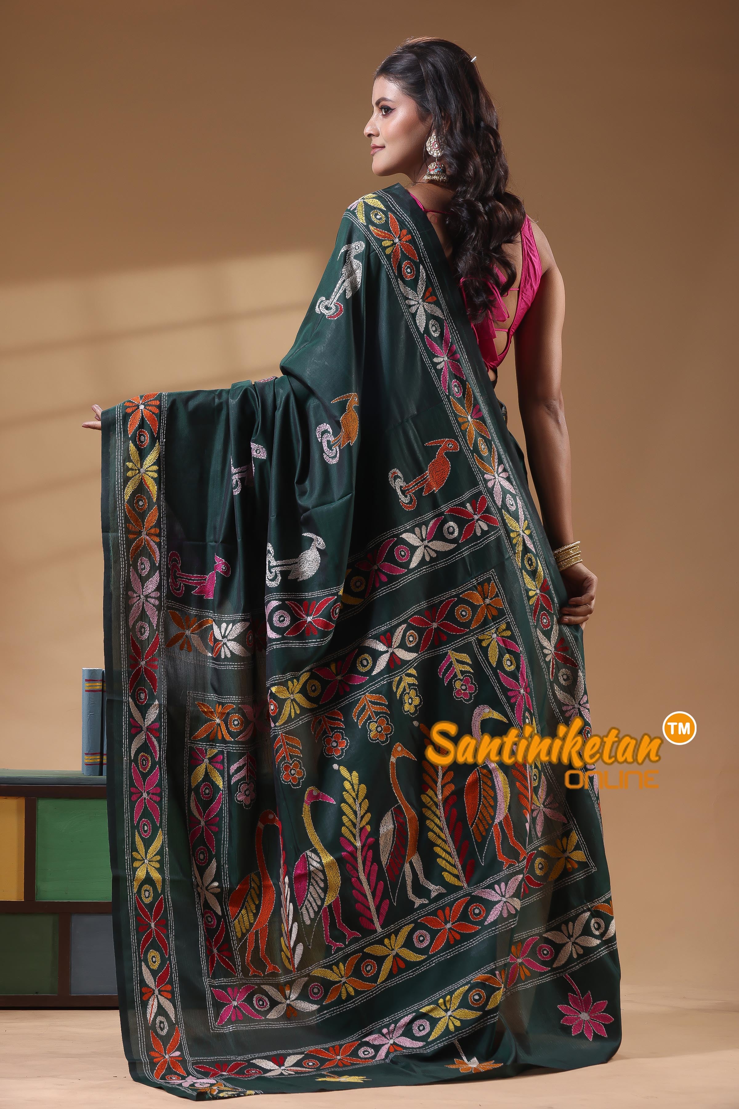 Bangalore Silk Kantha Stitch Saree