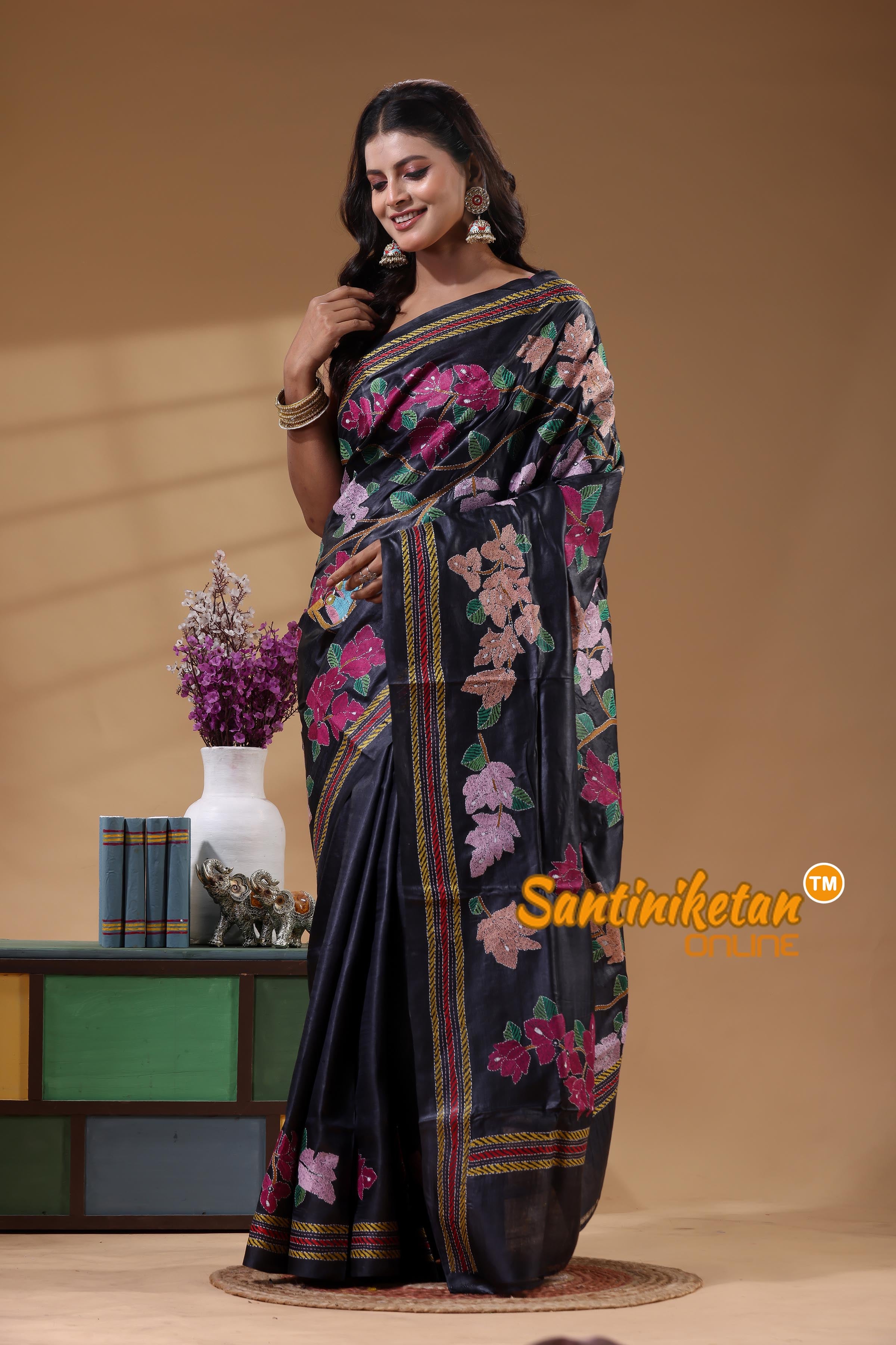 Pure Gachi Dye Tussar Silk Kantha Stitch Saree