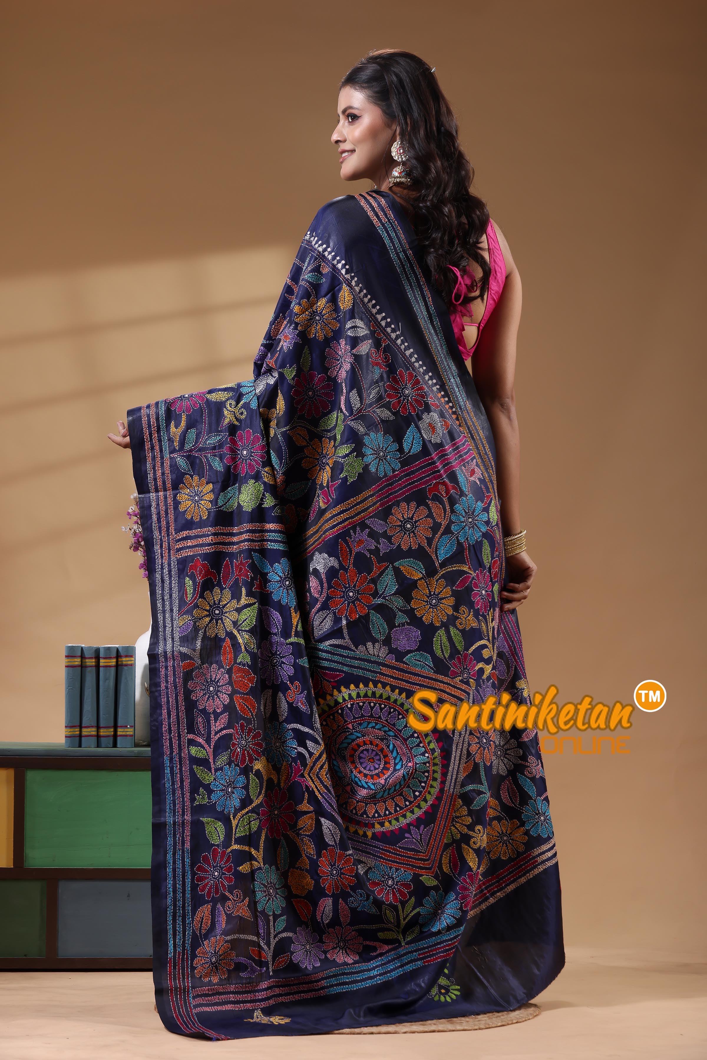Bangalore Silk Kantha Stitch Saree
