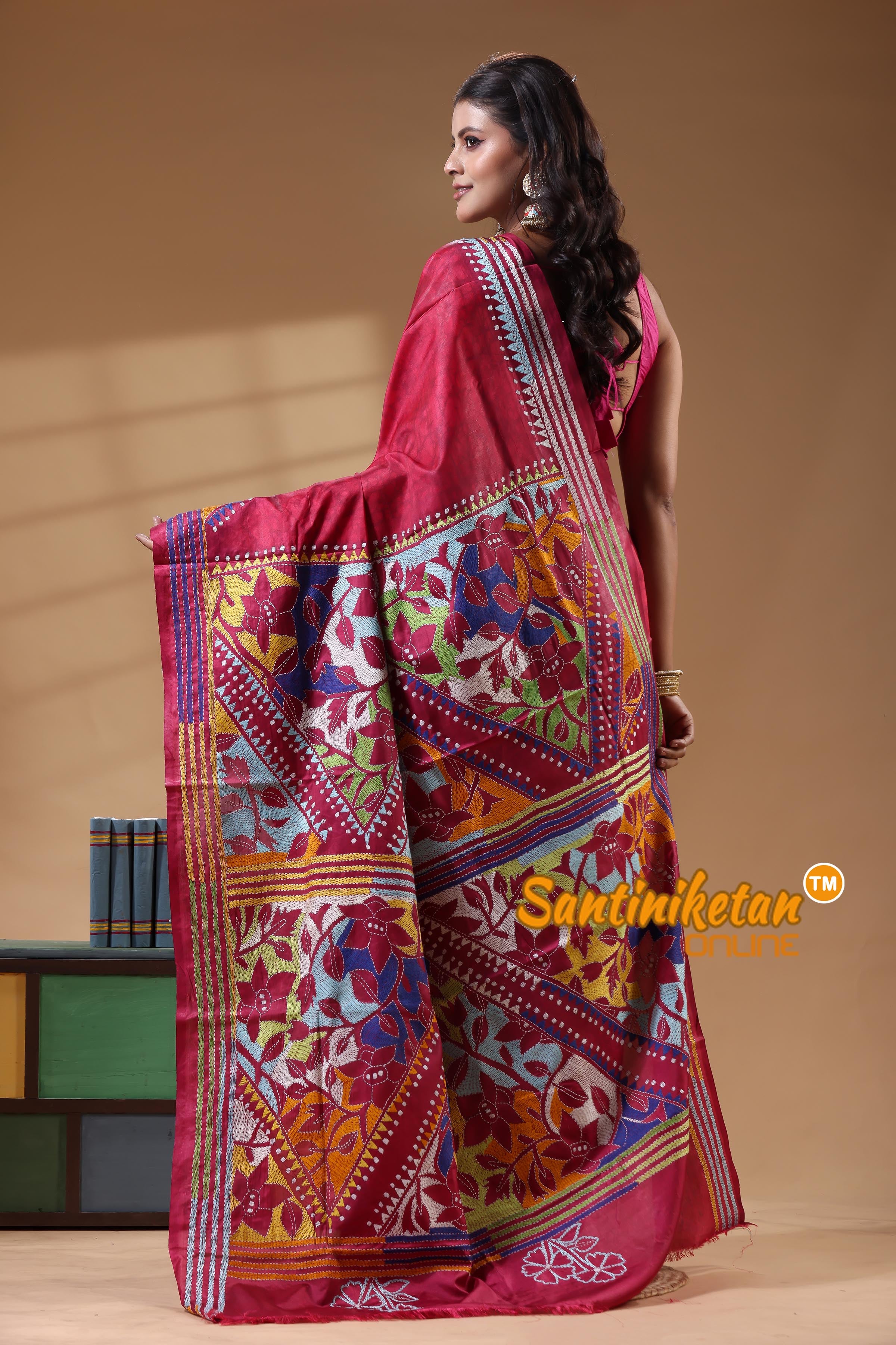 Bangalore Silk Batik Kantha Stitch Saree