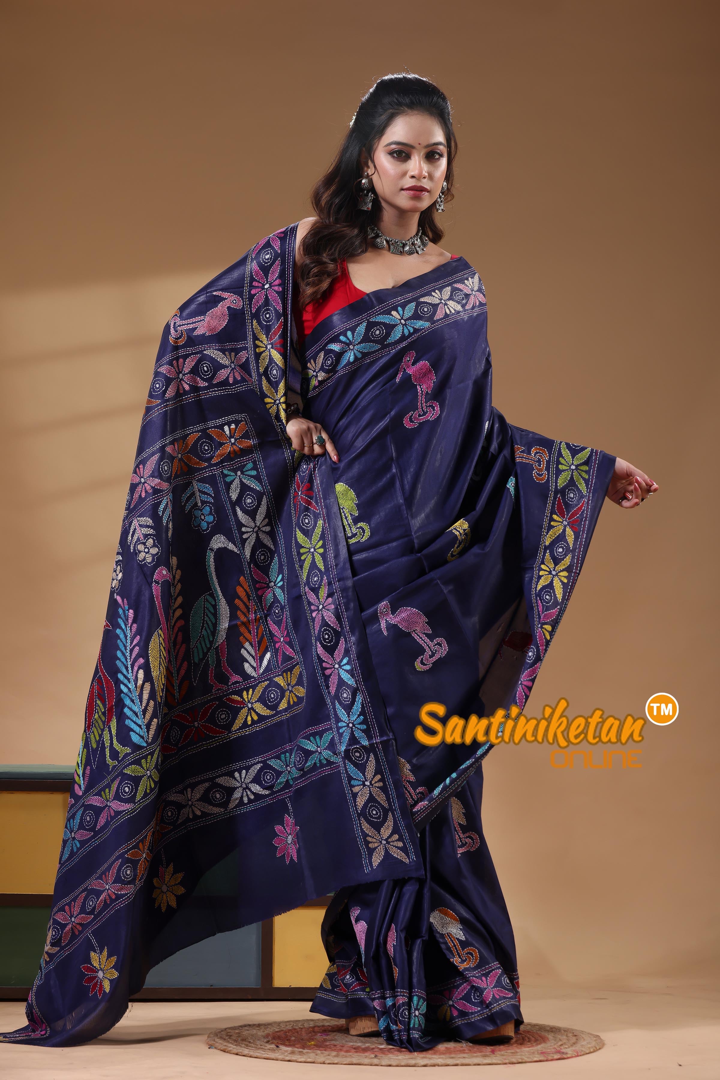 Bangalore Silk Kantha Stitch Saree
