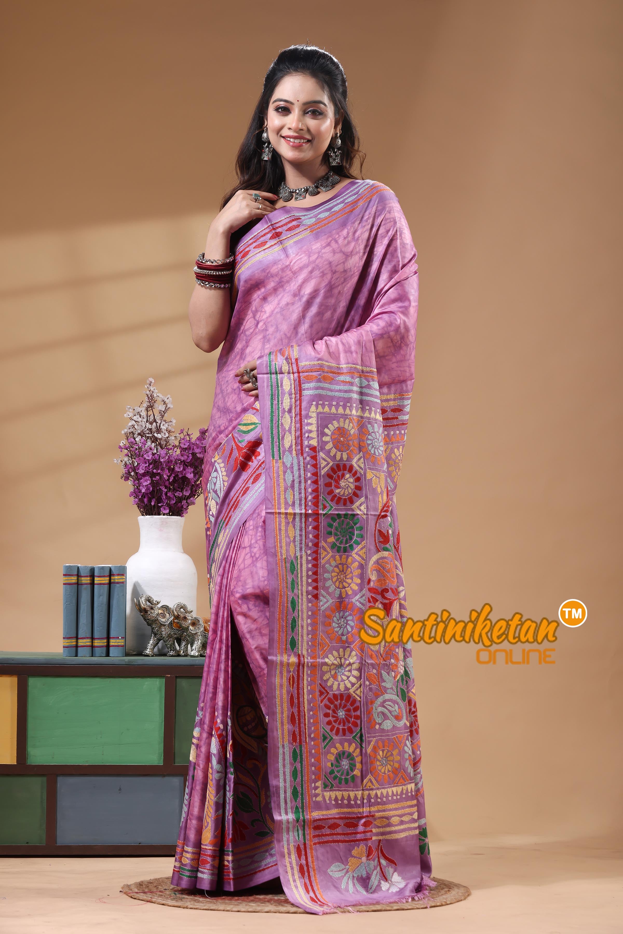 Bangalore Silk Batik Kantha Stitch Saree