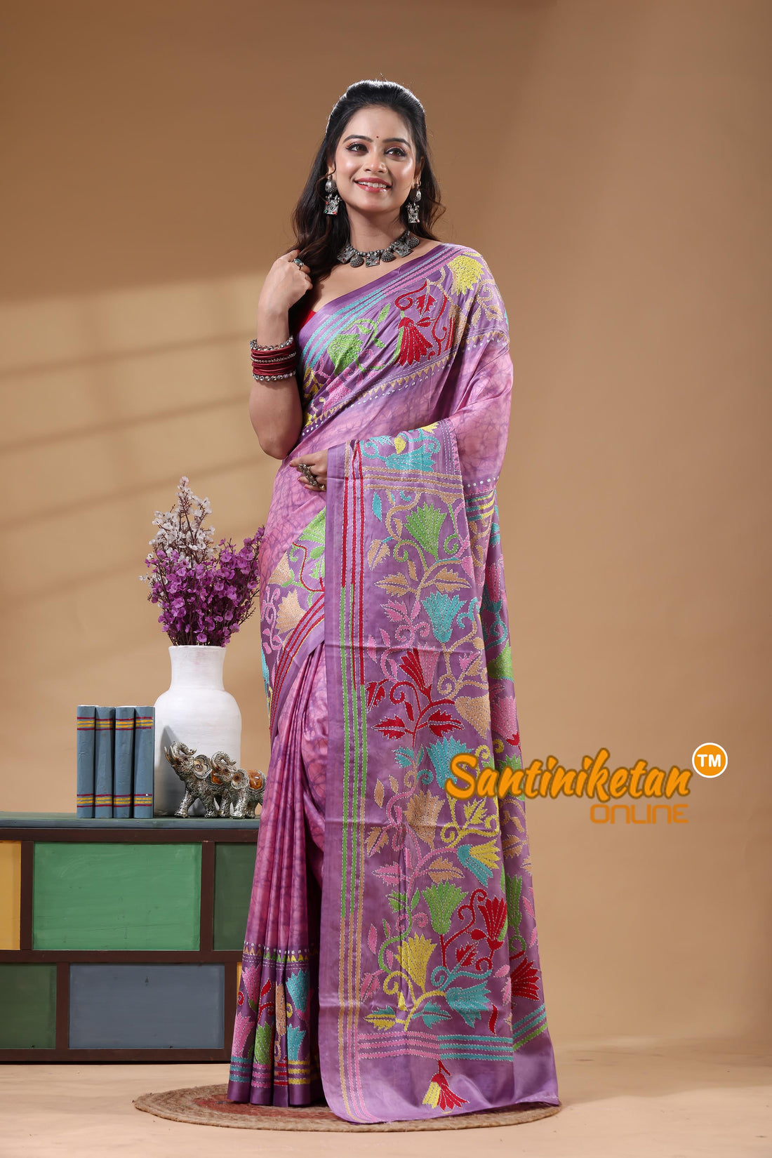Bangalore Silk Batik Kantha Stitch Saree