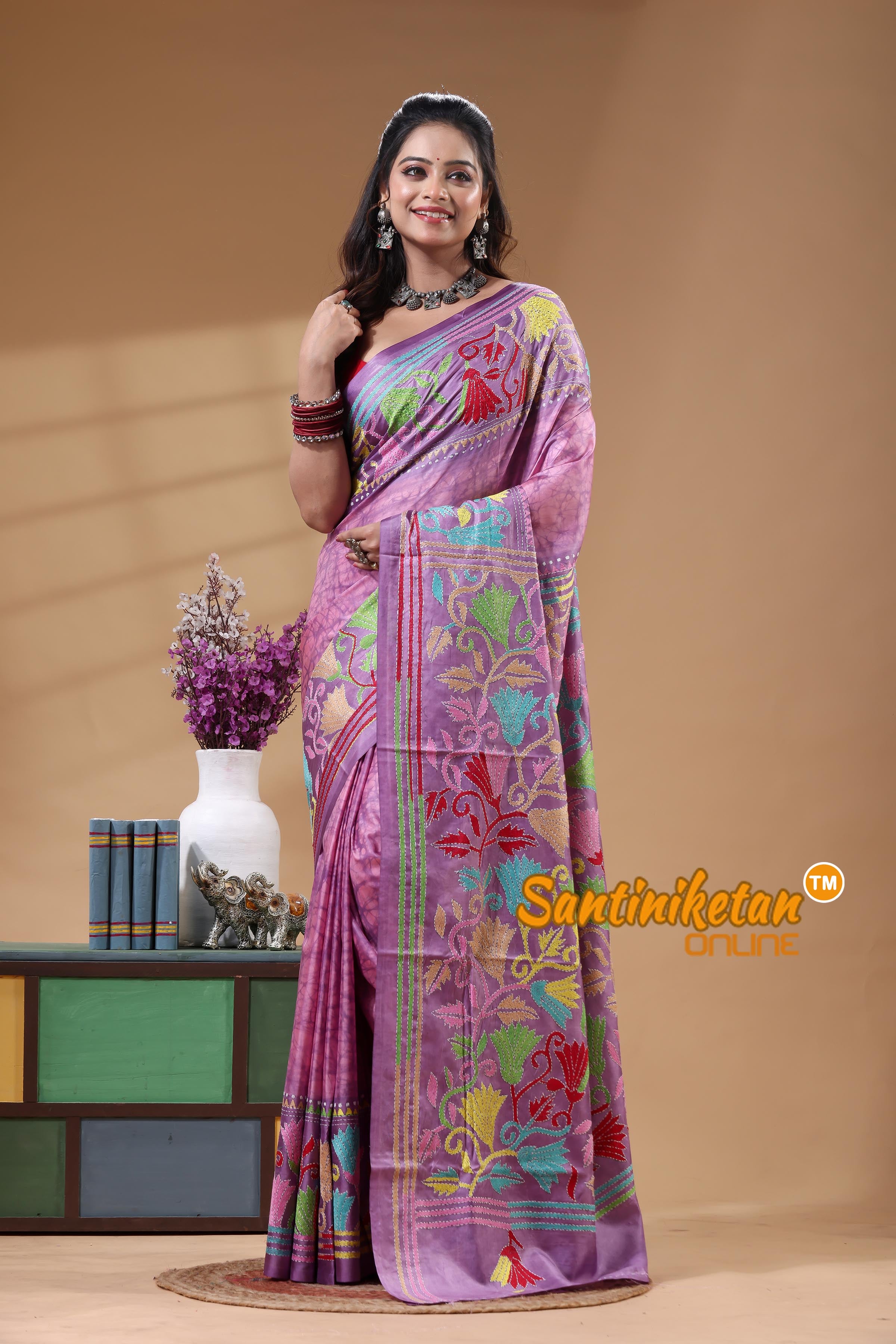 Bangalore Silk Batik Kantha Stitch Saree