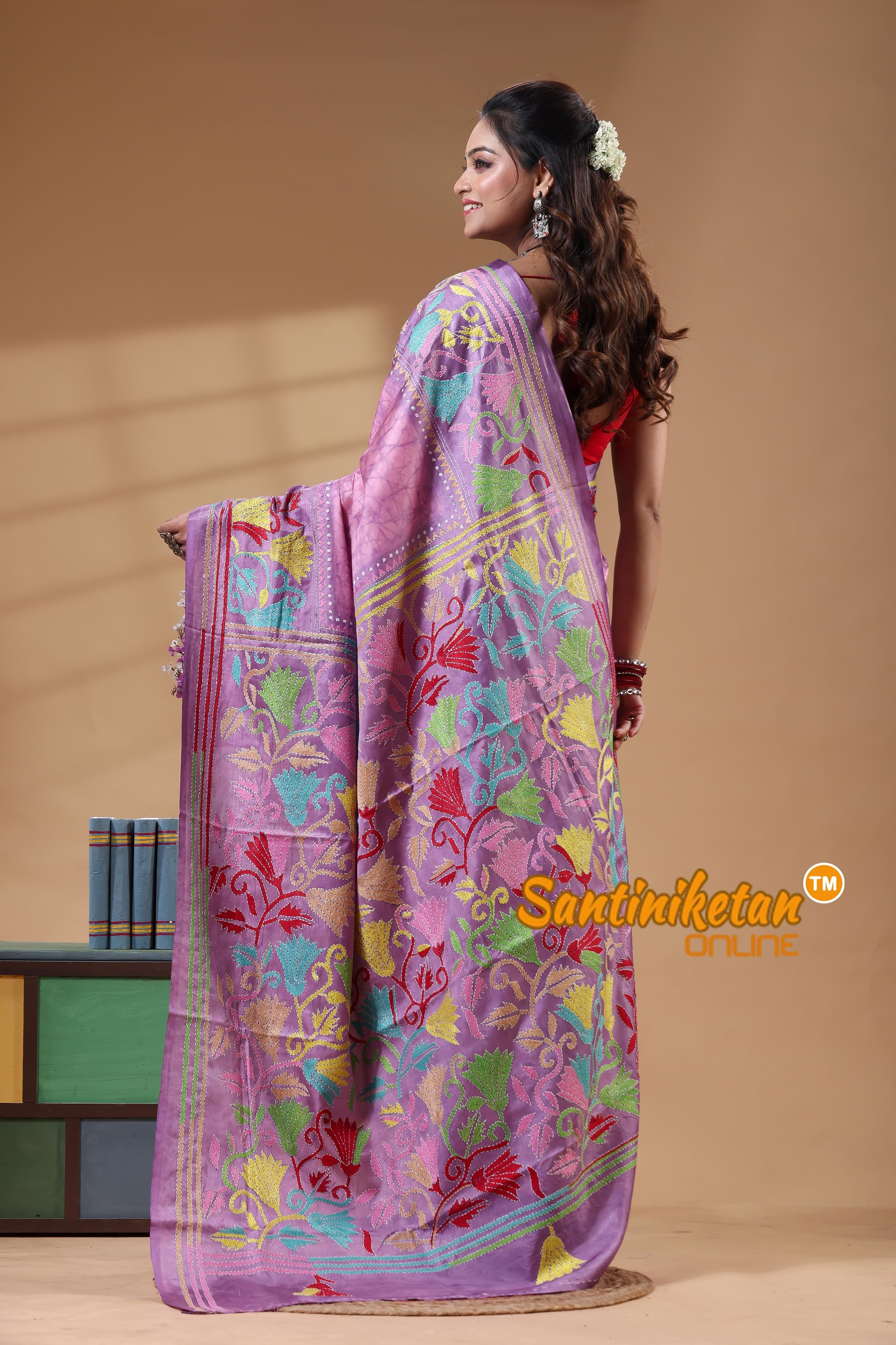Bangalore Silk Batik Kantha Stitch Saree
