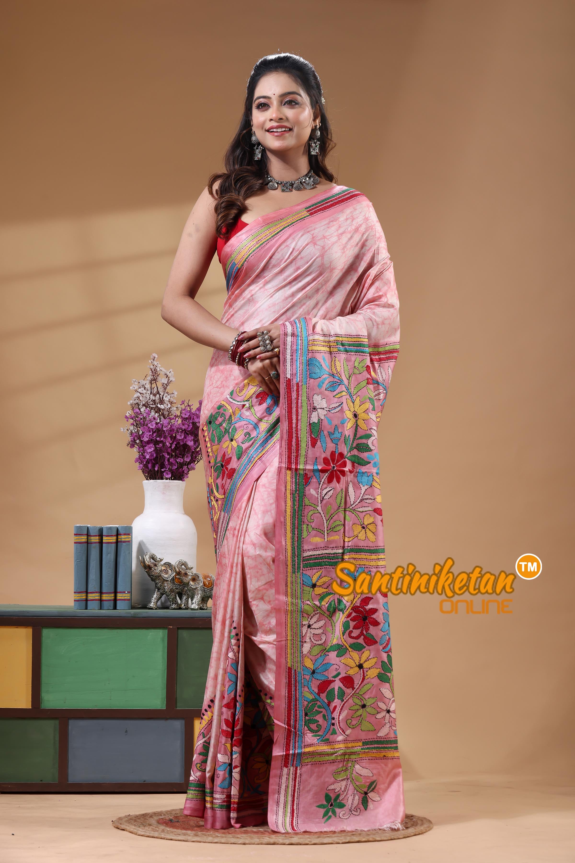 Bangalore Silk Batik Kantha Stitch Saree