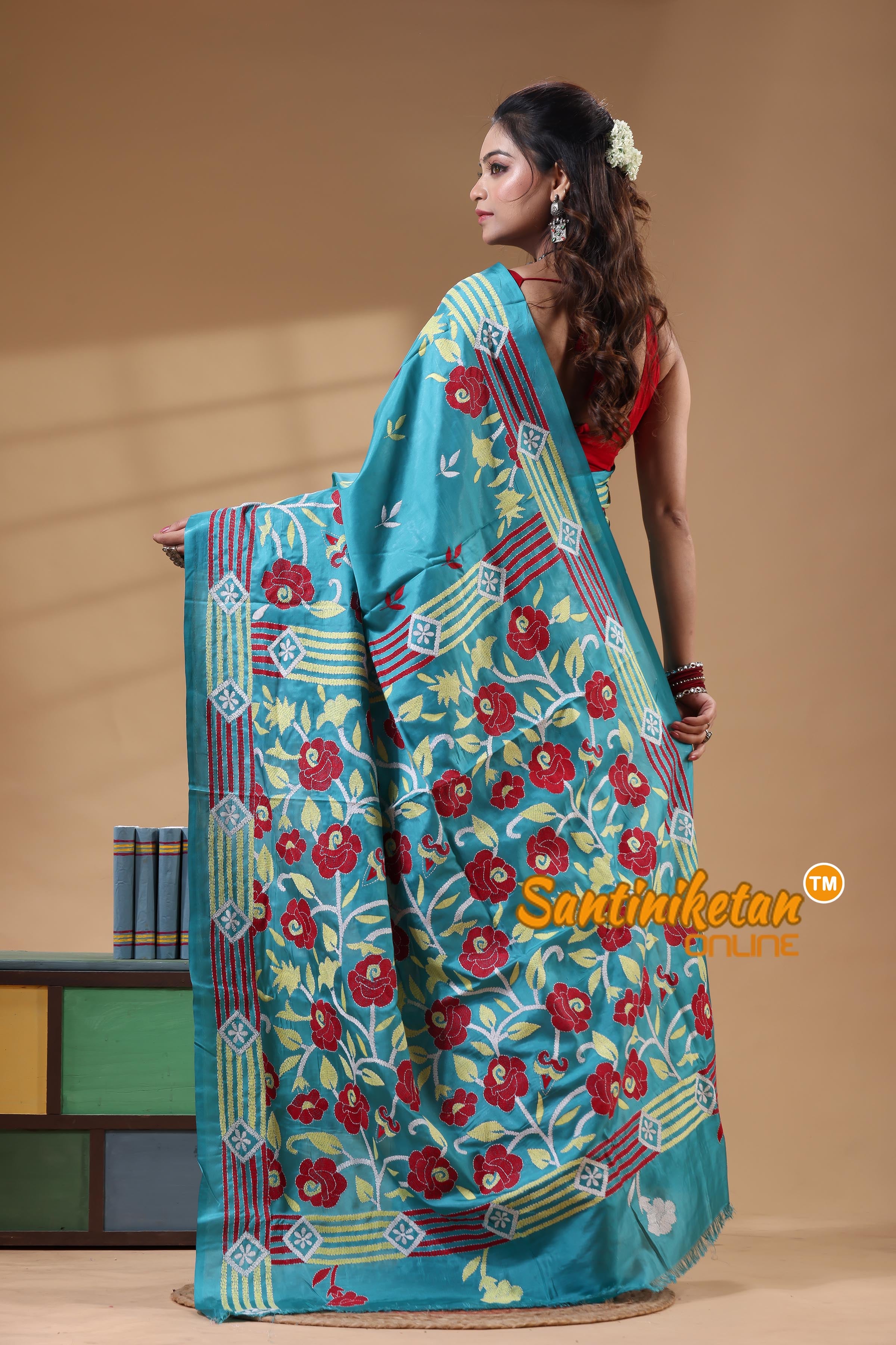 Bangalore Silk Kantha Stitch Saree