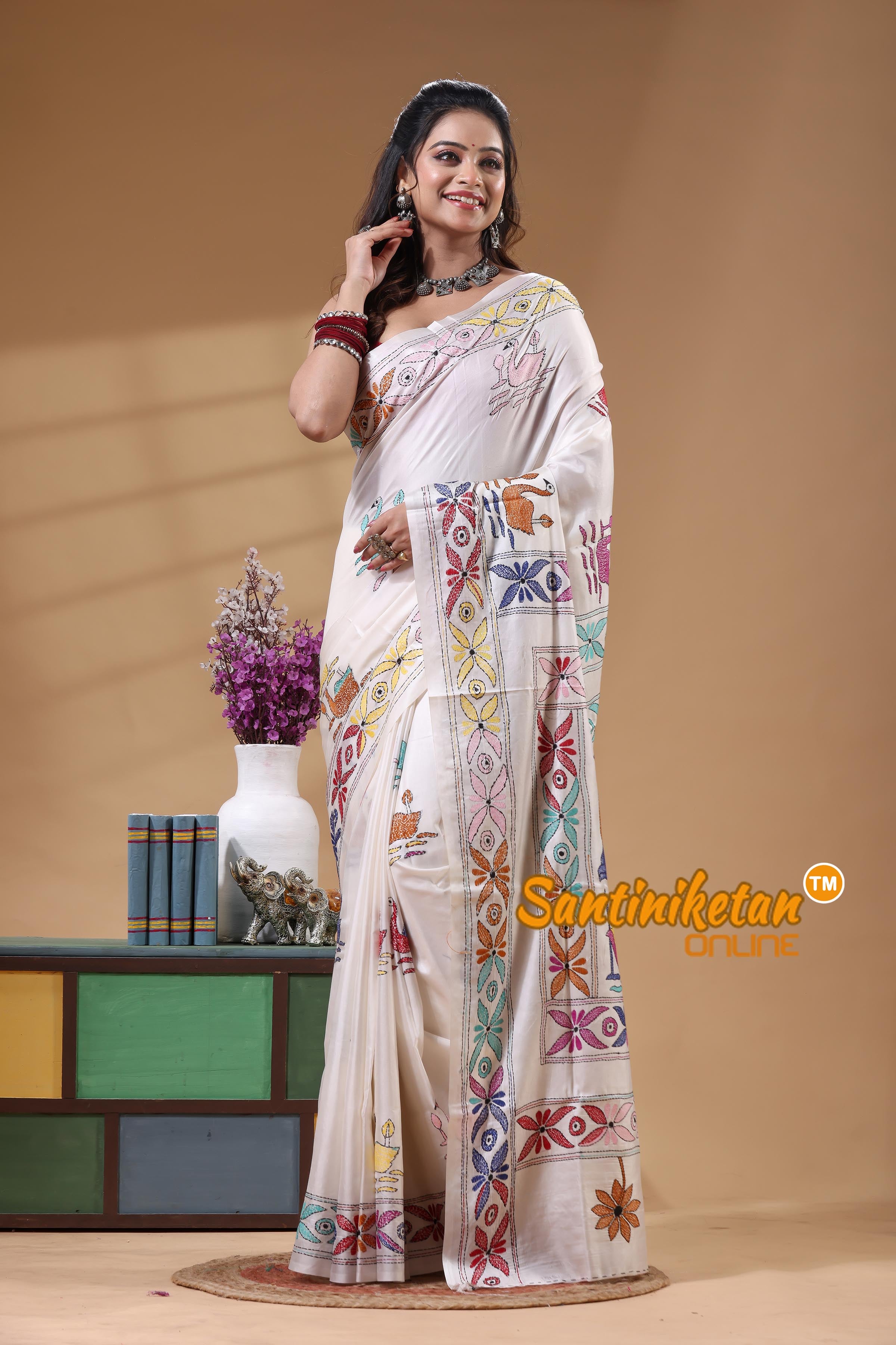 Bangalore Silk Kantha Stitch Saree