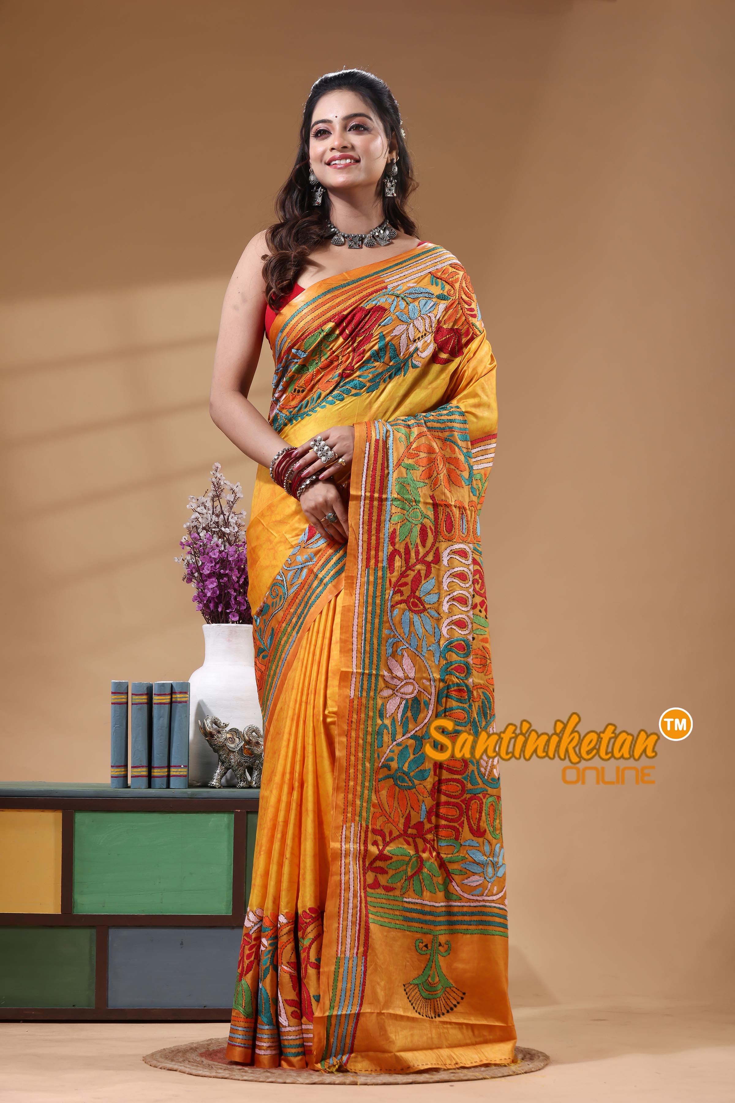 Bangalore Silk Batik Kantha Stitch Saree