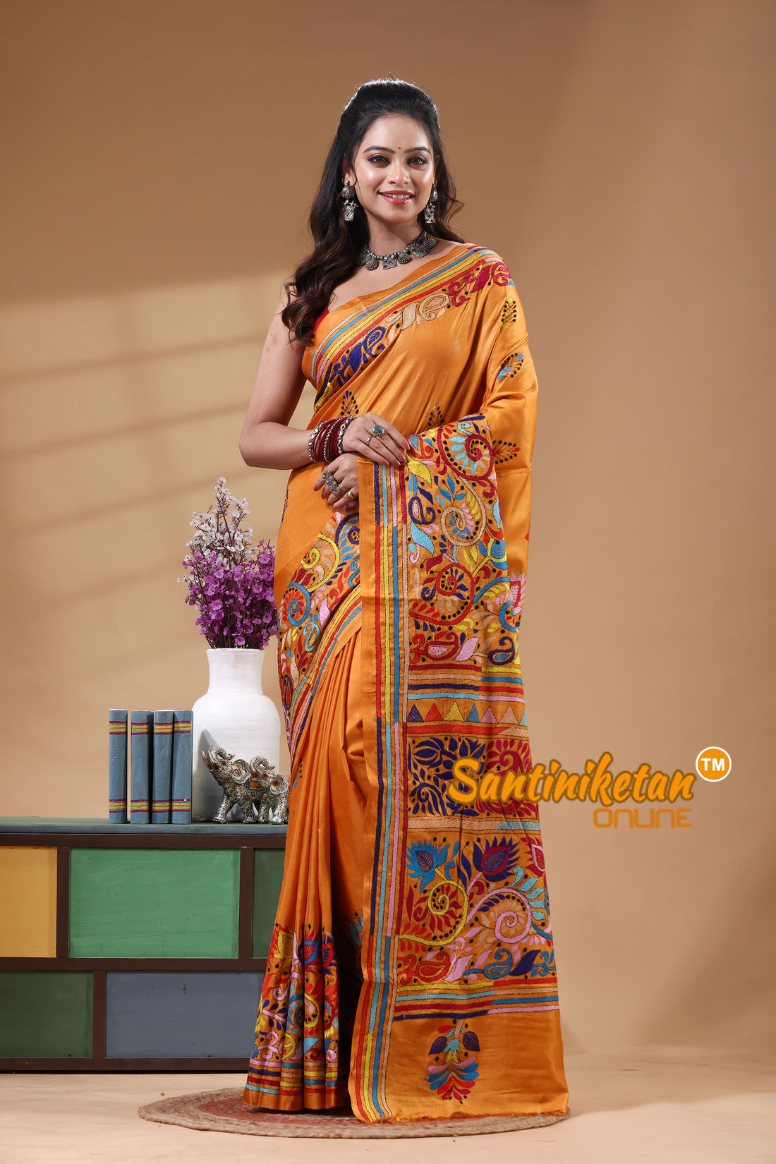 Bangalore Silk Kantha Stitch Saree