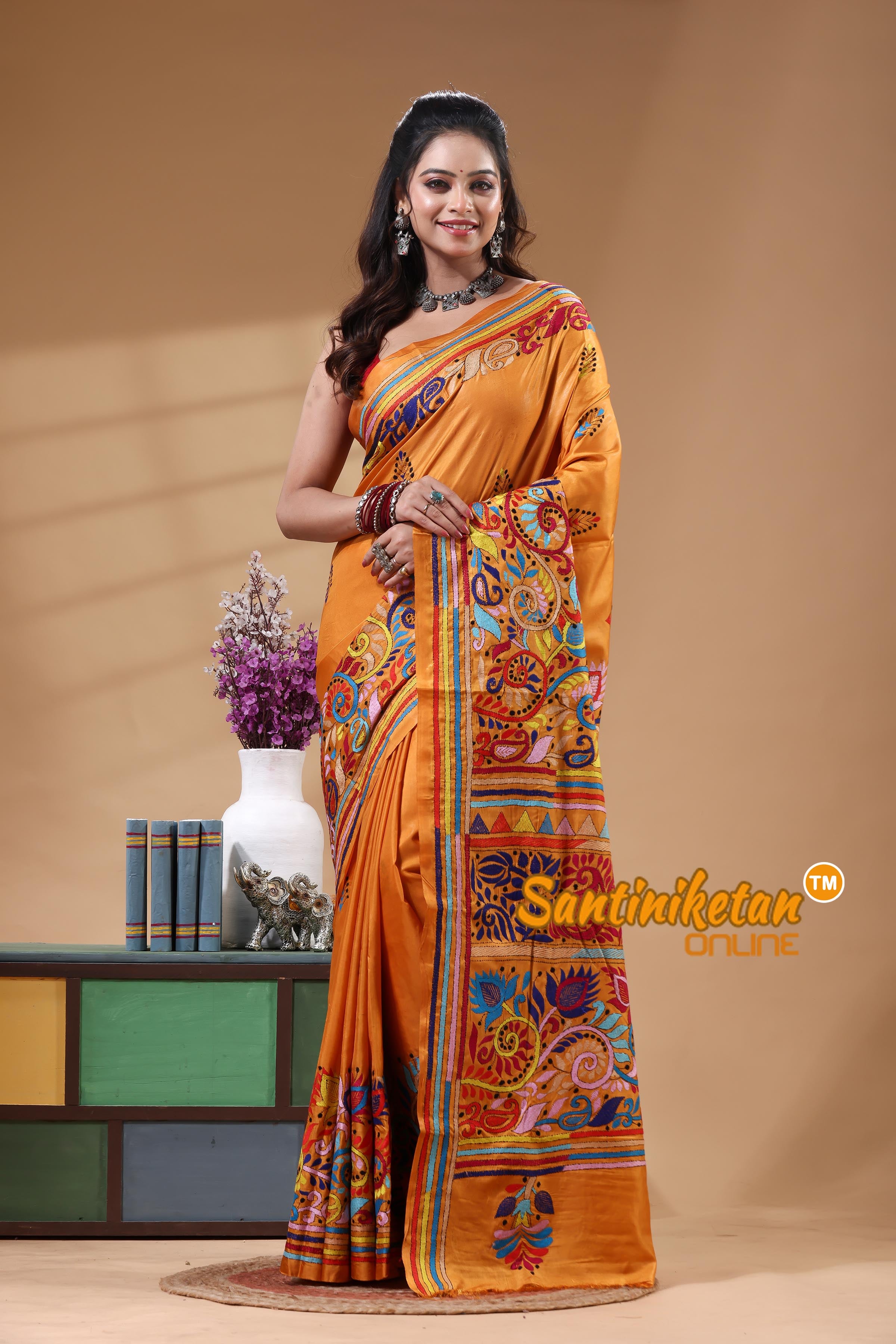 Bangalore Silk Kantha Stitch Saree