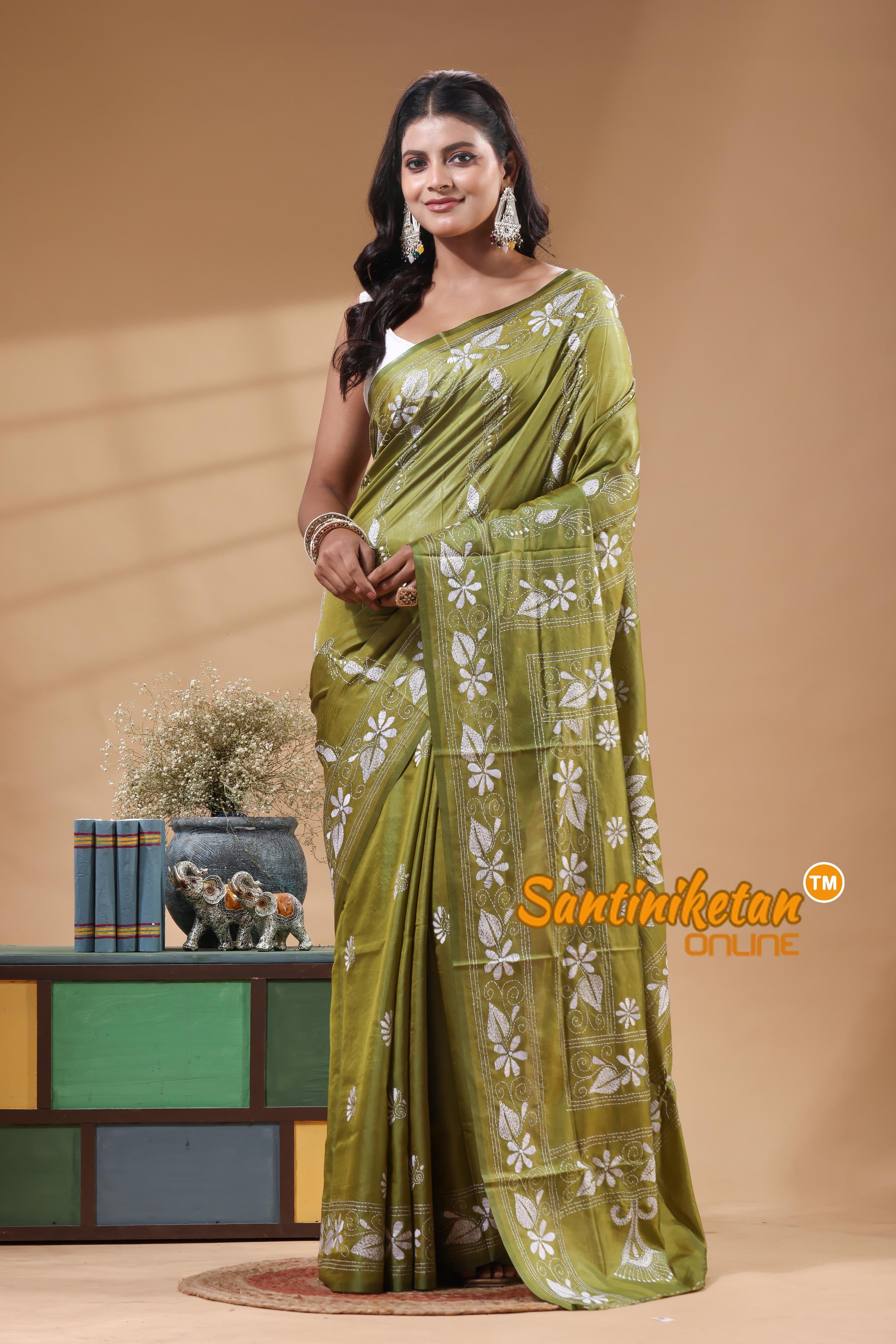 Bangalore Silk Kantha Stitch Saree